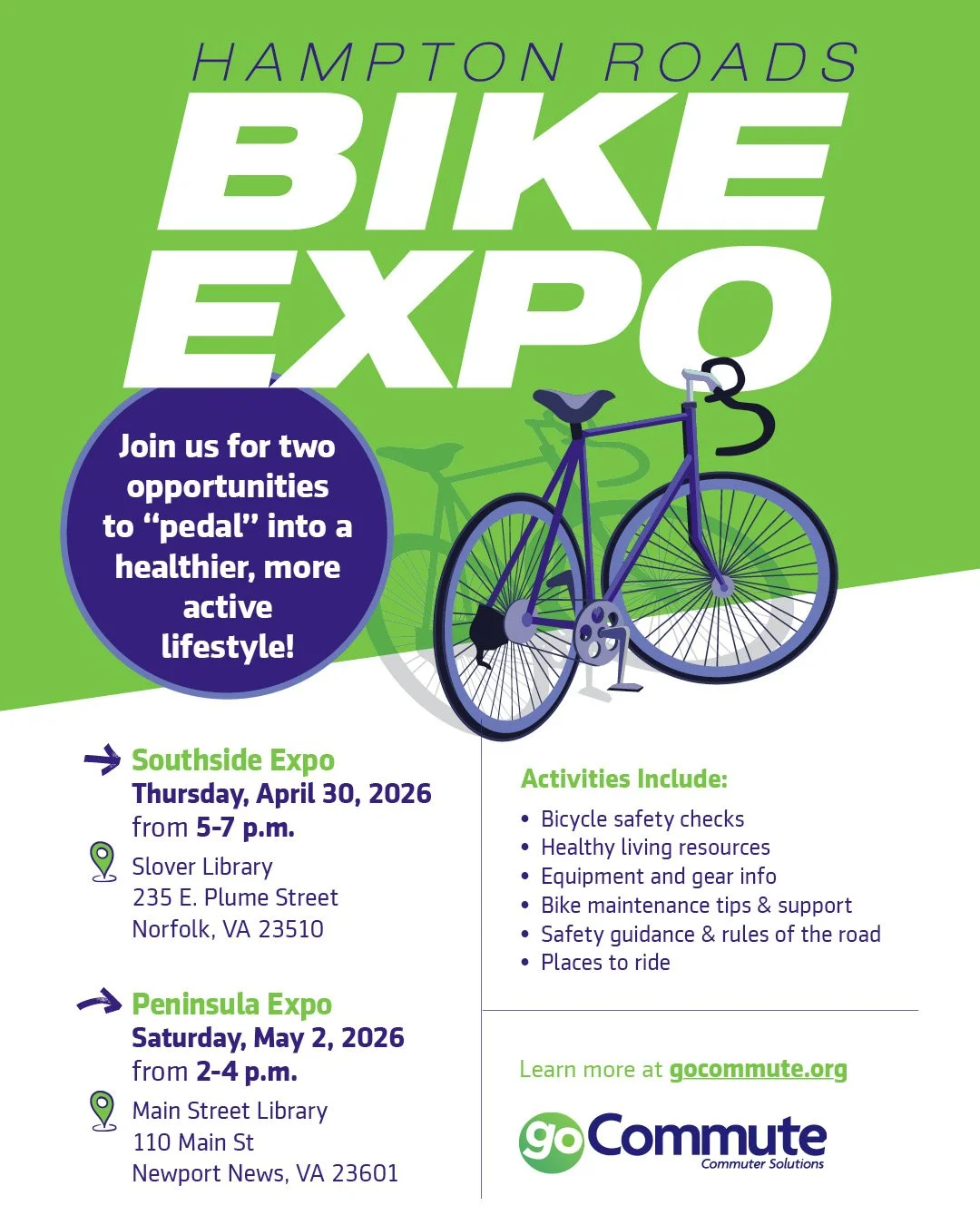 Bike Month is right around the corner! We're kicking it off with our annual Hampton Roads Bike Expos. 🚲 

Join us on April 30 in Norfolk or May 2 in Newport News!

Visit our website for all the details ➡️ gocommute.org/bikemonth