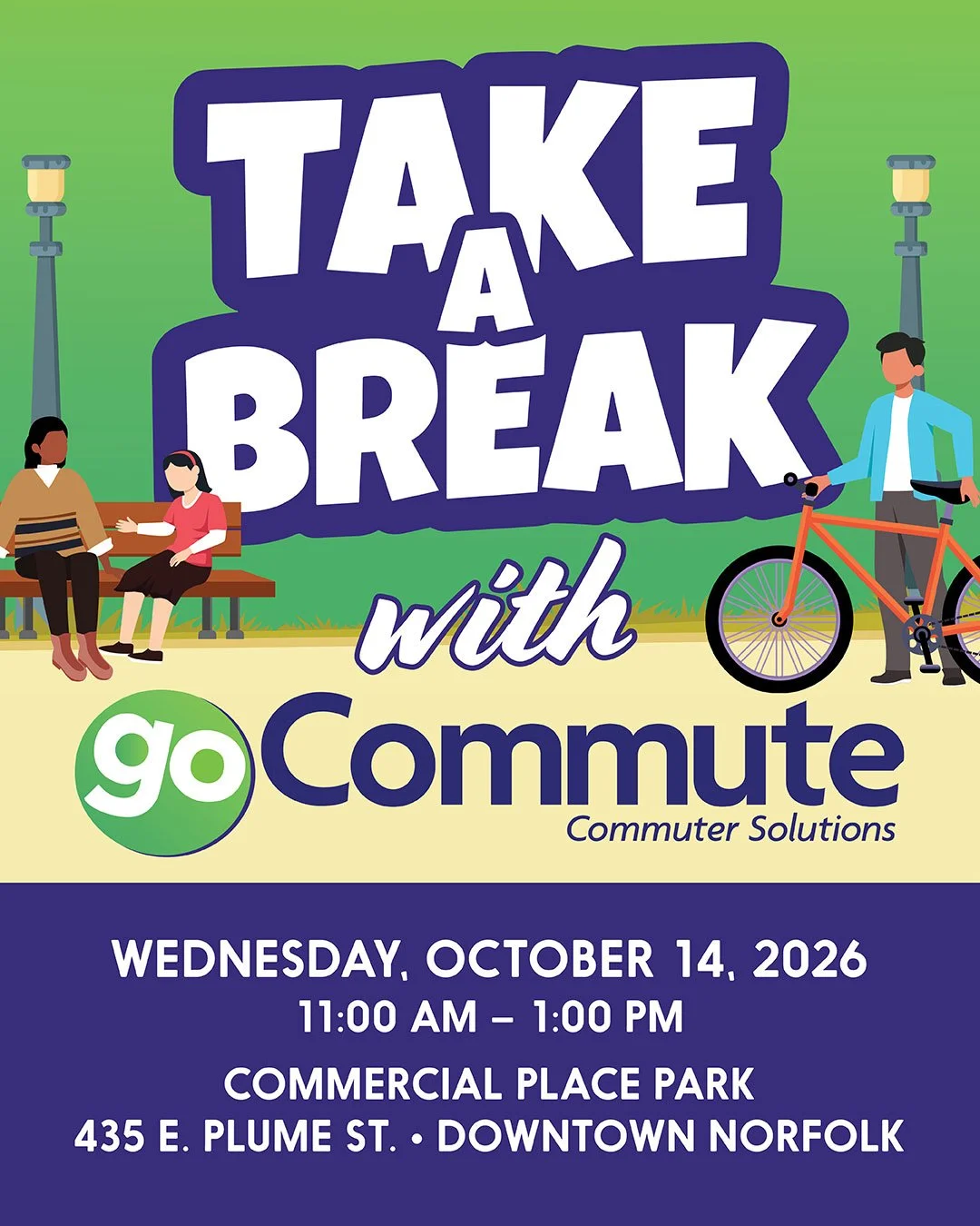 Join us on Wednesday, October 14 and take a break! Stop by Commercial Place Park between 11am - 1pm to build your commuter lunchbox and see how you can enjoy a smarter commute this fall. 

We'll even have a sweet treat thanks to our partners @downtow