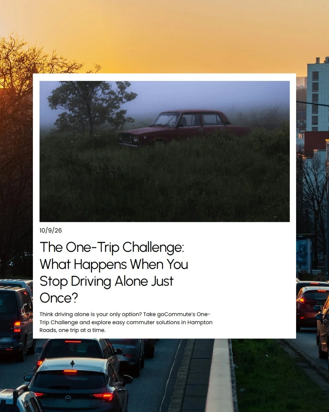A smarter commute doesn't have to cause a headache. Try the one-trip challenge! 🚗

Instead of never driving alone again, you can consider ways to ride with others one trip at a time. 

Learn more on the goCo blog. Available now on our website! 👩&zw