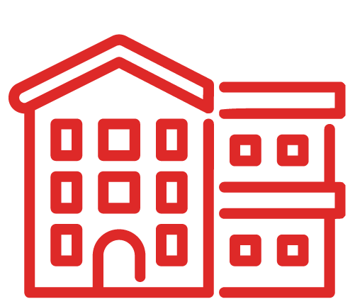 Red outline drawing of two attached buildings, a taller multi-story building and a shorter building, both with multiple windows and an arched entrance on the taller building.