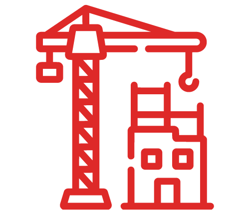 Red outline of a construction crane next to a building under construction.