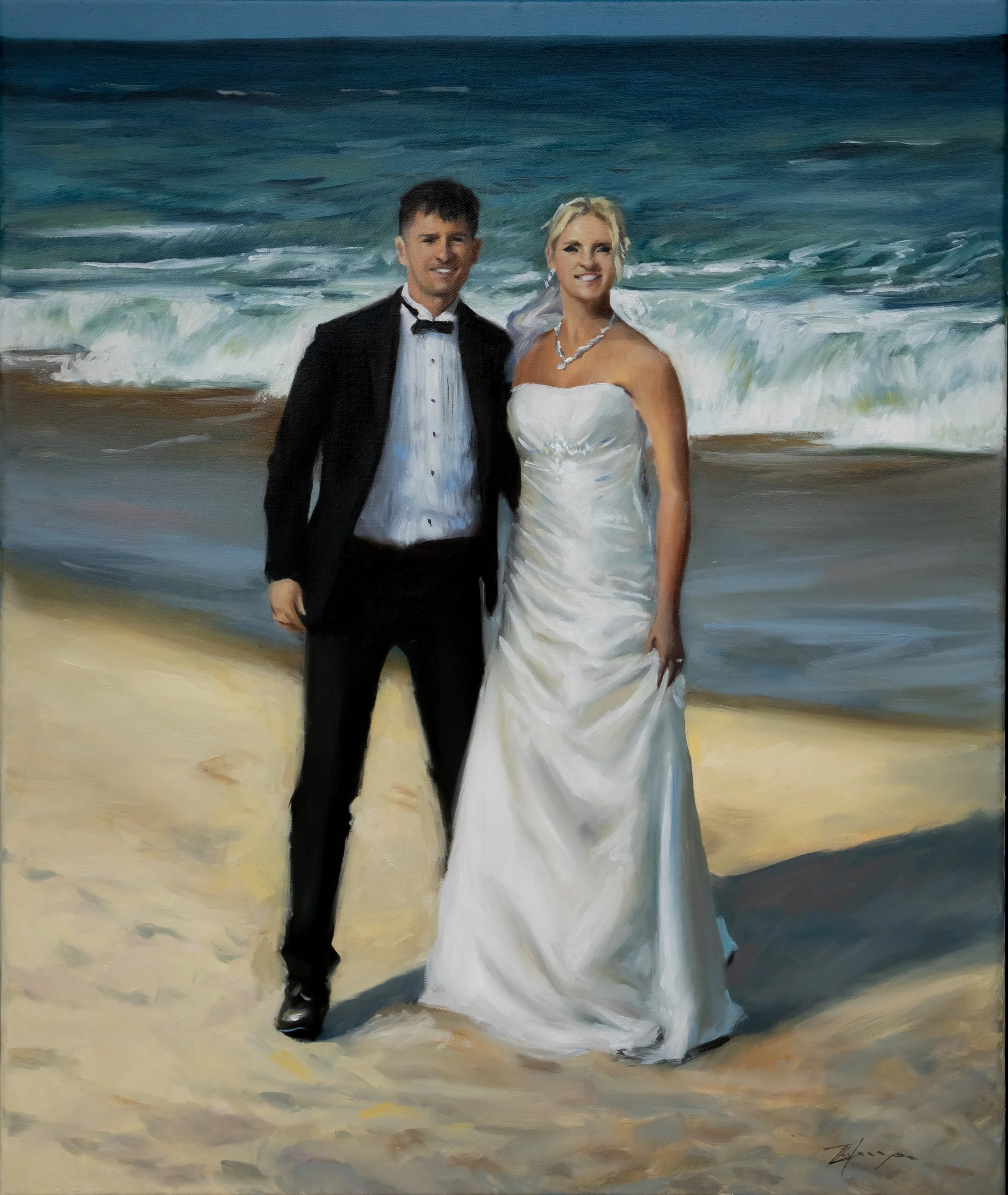 Live wedding painting painted by Australia's number one live wedding artist Zac HampsonA painting of a newlywed couple standing on a beach with ocean waves
