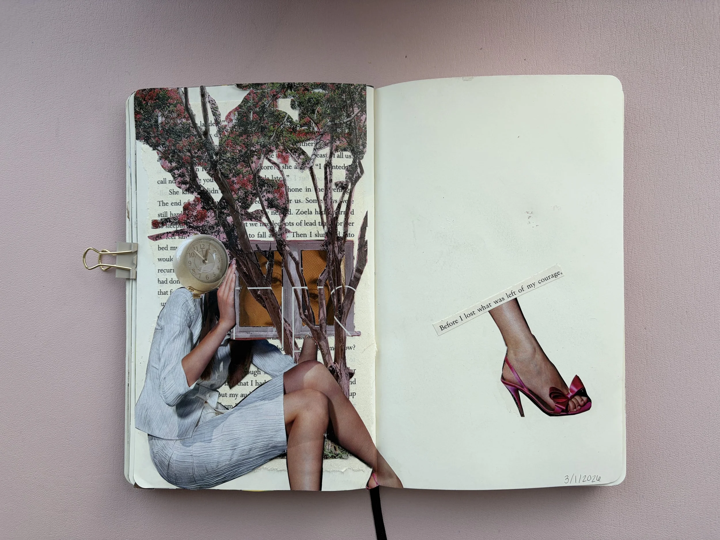 An open art journal with a collage on the left page featuring a woman’s body with a tree growing from her head, a clock covering her face, and a strip of text. The right page has a cutout of a high heel shoe with a caption reading, "Before I lost wha