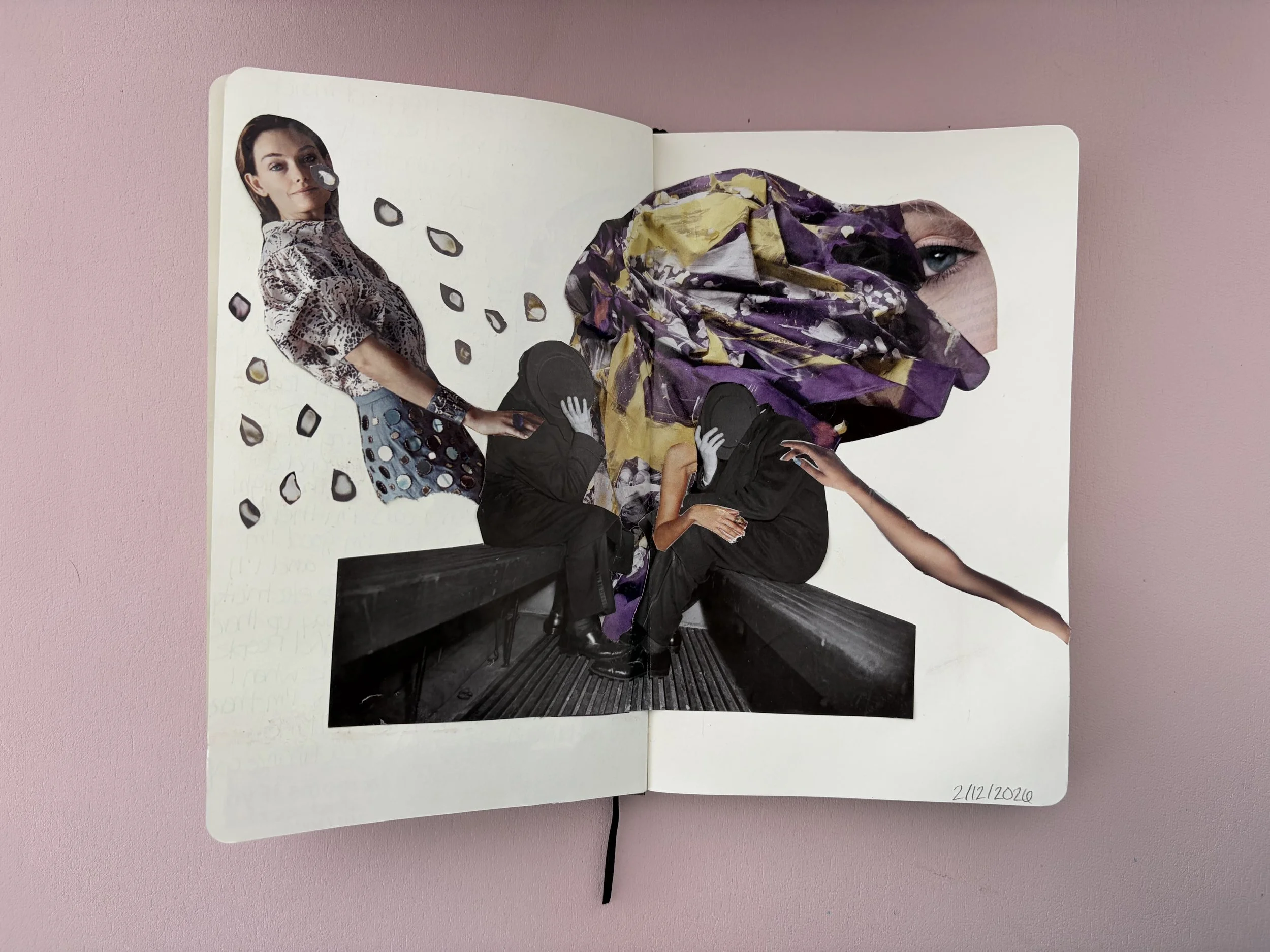 Collage of cut-out images of women sitting on a bench, with abstract shapes, fabric, and eye images in the background.