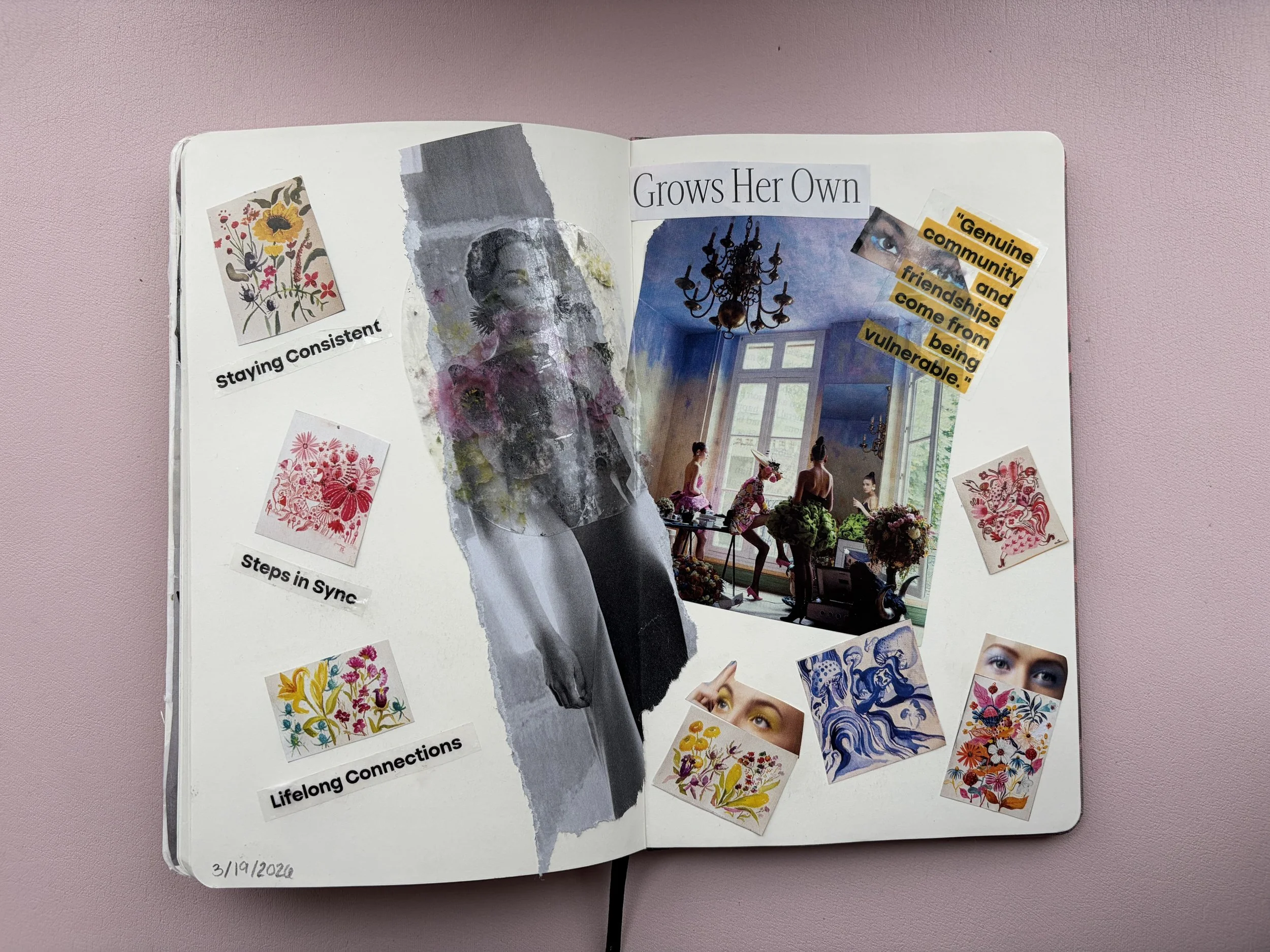An open journal page with collage artwork, physical photographs, and cut-out text on a pink background. The left page has stickers with floral artwork labeled "Staying Consistent," "Steps in Sync," and "Lifelong Connections." The right page features 