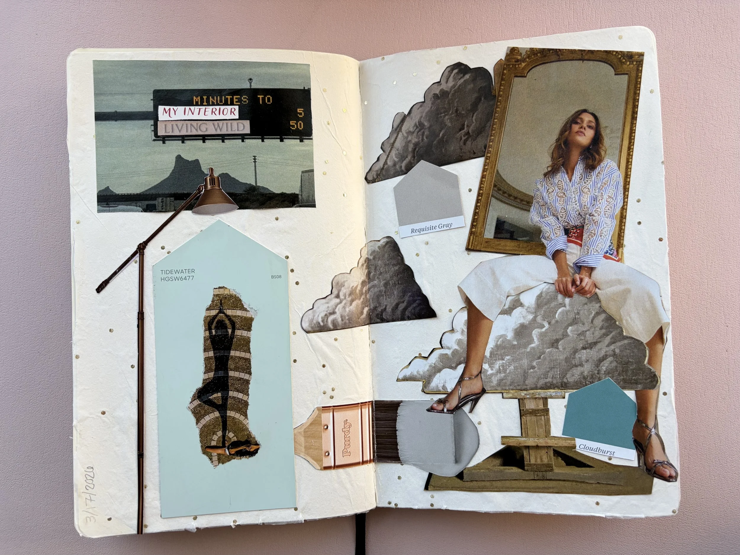 A collage featuring a woman sitting on clouds with a mirror, a sky with clouds, a paintbrush, fabric, and various labels with colors and text.