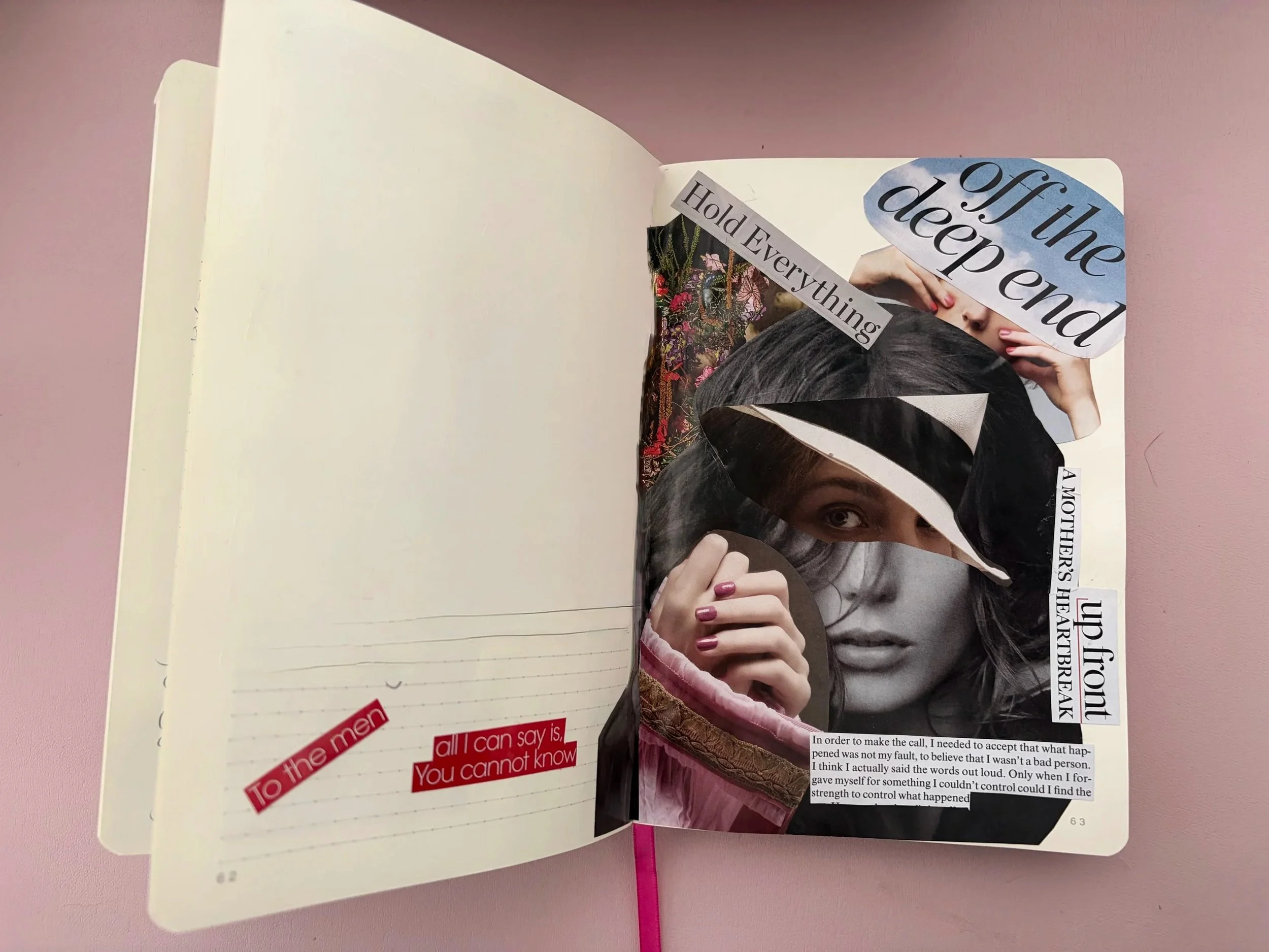 Collage of magazine and newspaper cutouts on a person's face and hand with various inspirational words and phrases, including 'off the deep end,' 'Hold Everything,' and 'You cannot know.'