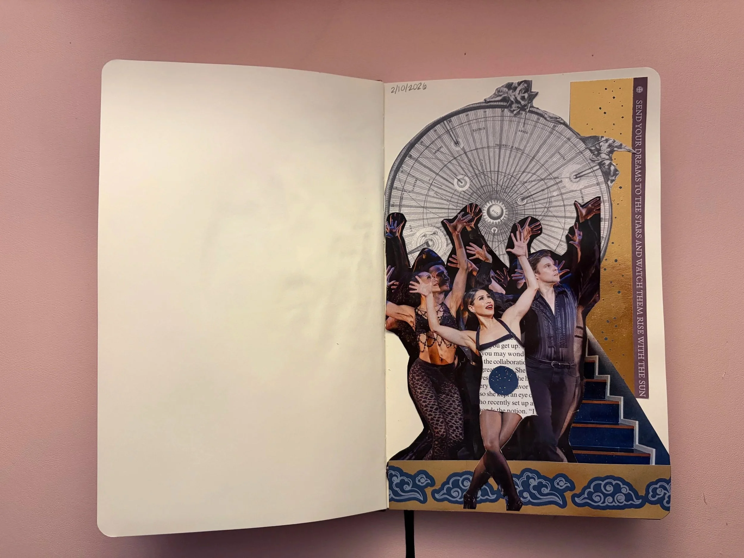 An open journal with a collage of women in black costumes posing dramatically, above a staircase and a geometric background. Text on the right reads, "Send your dreams to the stars and watch them rise with the sun." The date 2/10/2020 is handwritten 