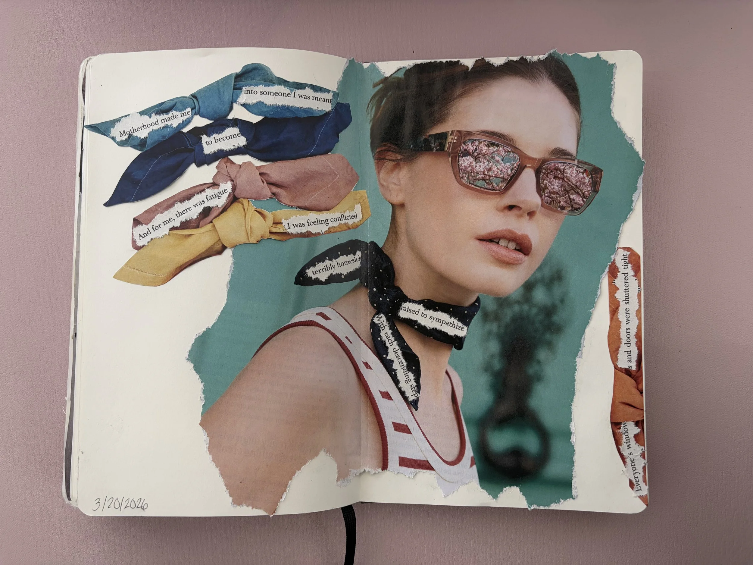 A collage combining a photograph of a woman wearing sunglasses with pink reflective lenses and a striped tank top, and torn paper pieces with text and colorful fabric knots. The torn paper pieces contain text snippets like "Motherhood made me into so