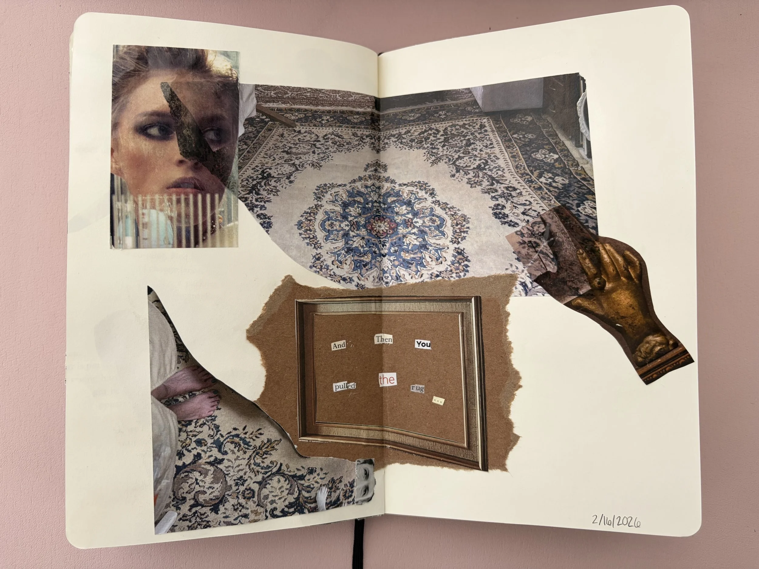 Collage of torn magazine clippings including a woman's face, a patterned rug, a hand, a framed corkboard with cut-out words, and a partial cat image, arranged on a white background with a date in the bottom right corner.