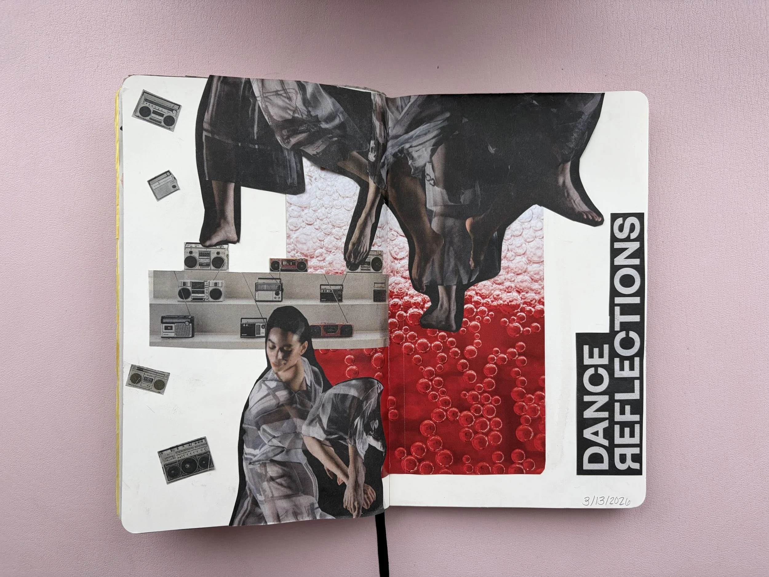 Collage of two women in gray and white clothing, surrounded by images of tape recorders, with a red background of bubbles and the text 'DANCE SELF REFLECTIONS' on a black and white label on the right side.