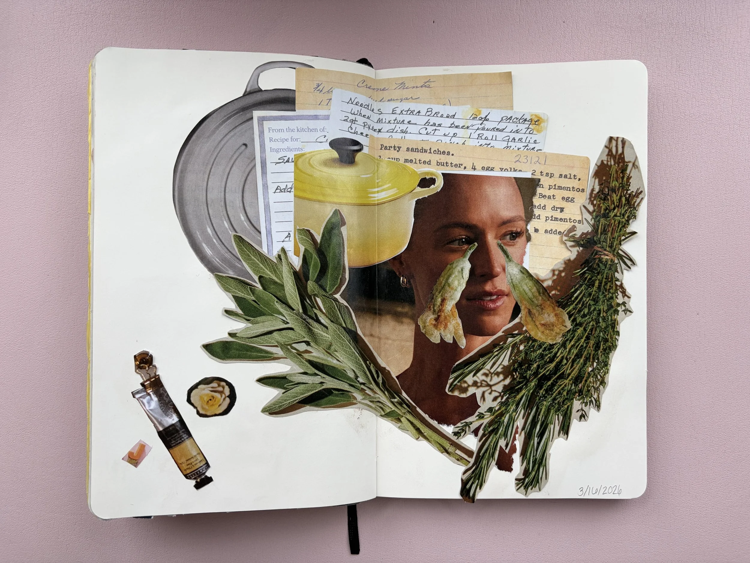A collage of various cut-out images and notes on an open notebook. The collage includes a yellow teapot, a woman's face, sprigs of herbs, a tube of cream or lotion, and handwritten recipes and notes. The background is a pink surface, and the collage 
