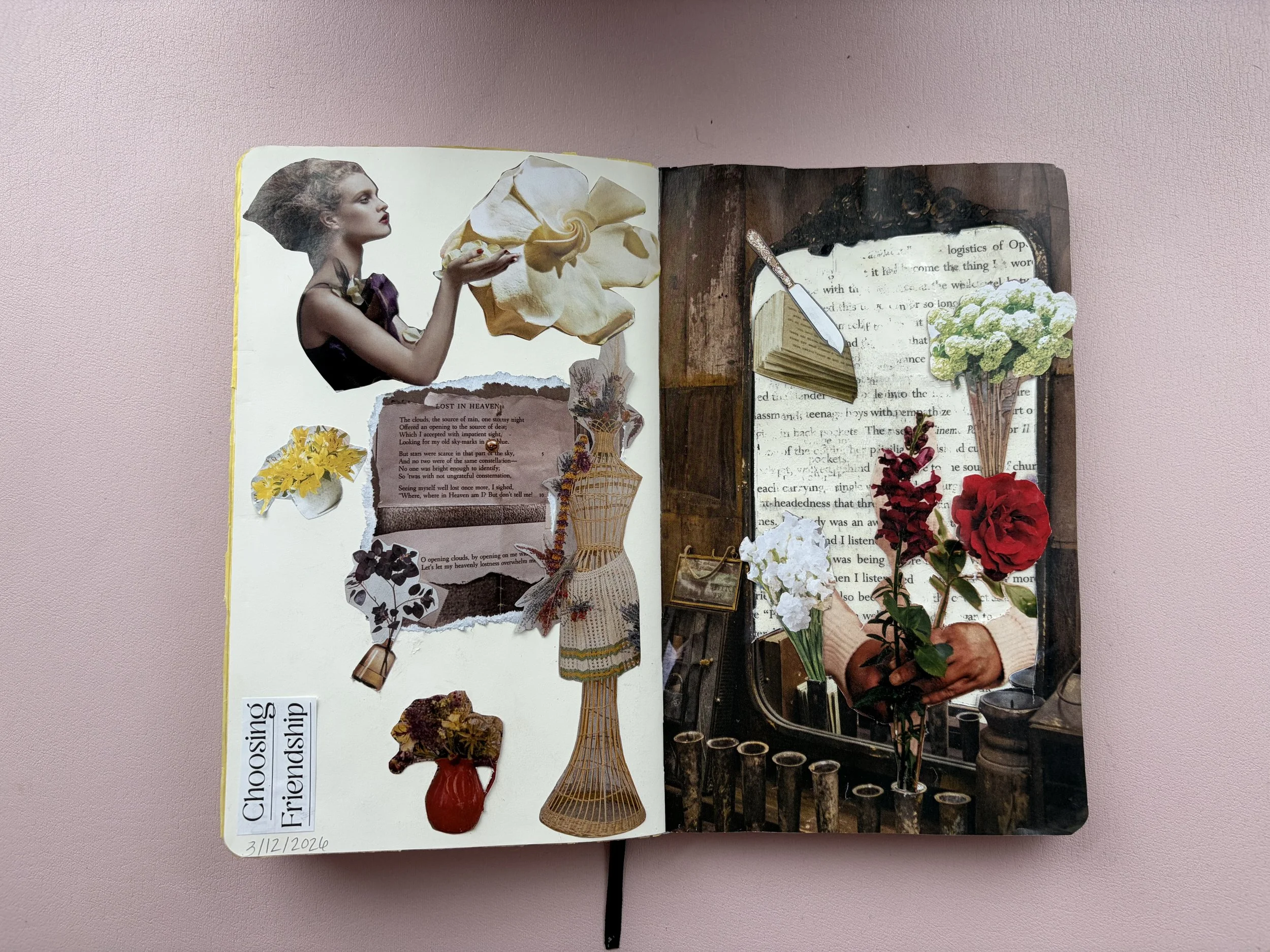 A collage of cut-out images and papers featuring flowers, a woman holding a white flower, a vintage dress form, and text, with the phrase "Choosing Friendship" and a date "3/12/2026" in the bottom left corner.