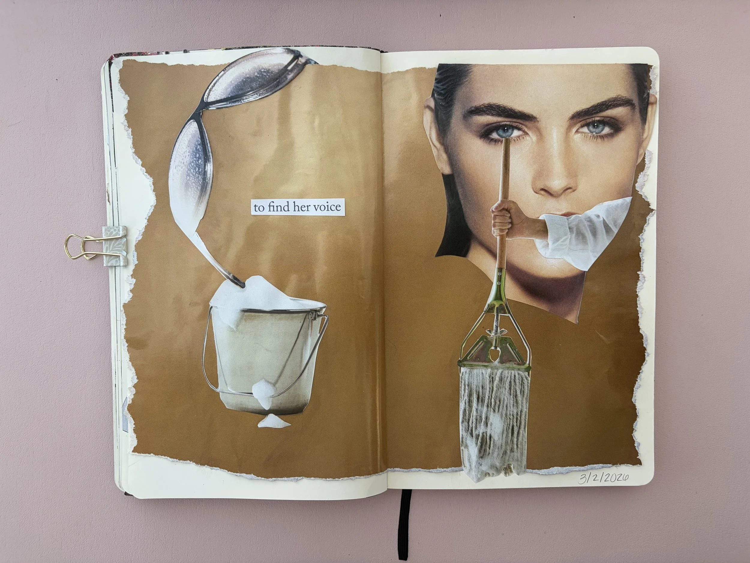 Collage of a torn paper image featuring a spoon pouring white foam into a paint bucket on the left, and a woman’s face with blue eyes on the right, with a person's hand holding a paint roller in front of her face. Text in the center reads "to find he