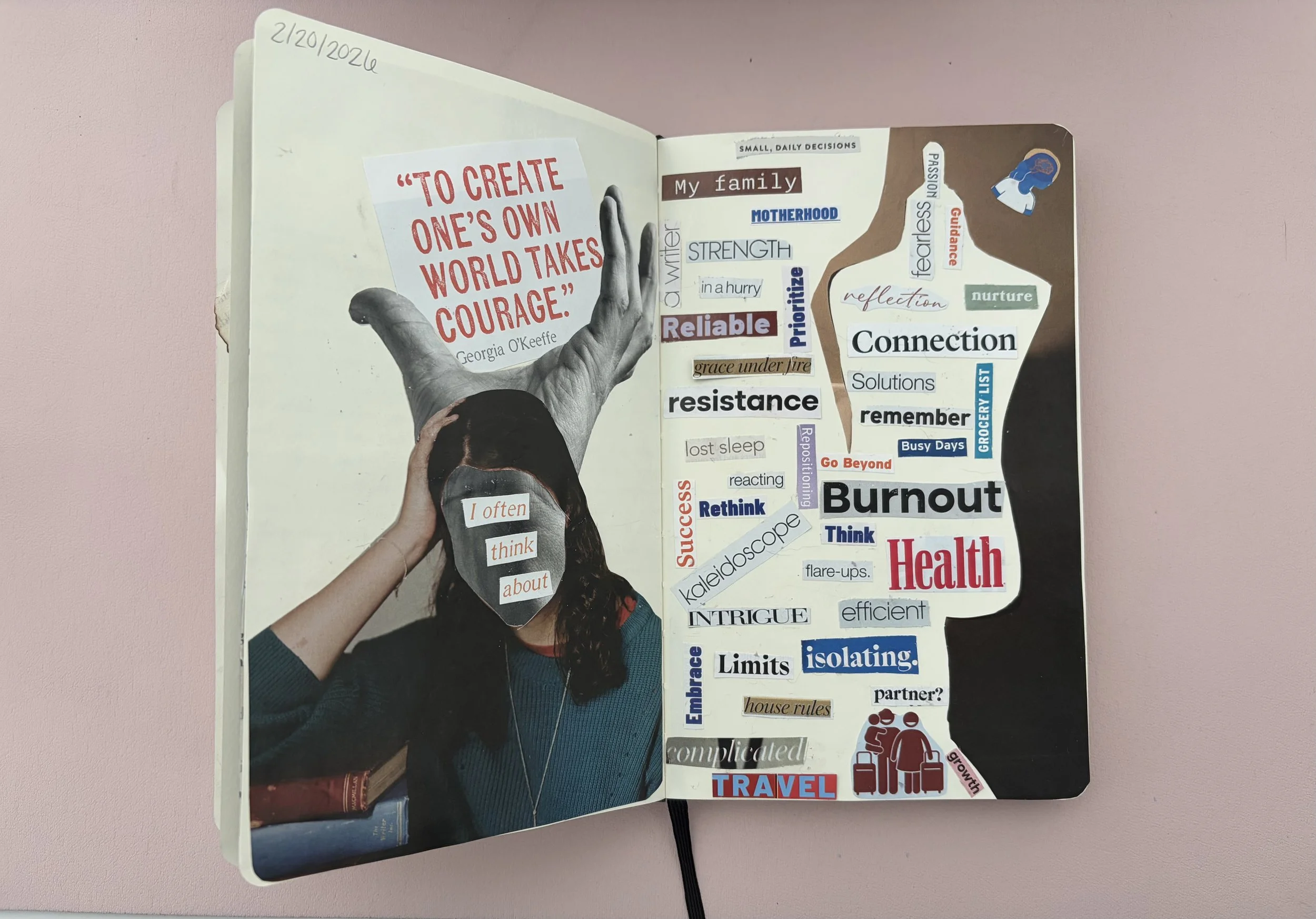 An open scrapbook page with mixed media collage including a black-and-white photo of a woman with her hand on her forehead, a large hand illustration pointing upwards, and various cut-out words and phrases related to self-care, resilience, and person