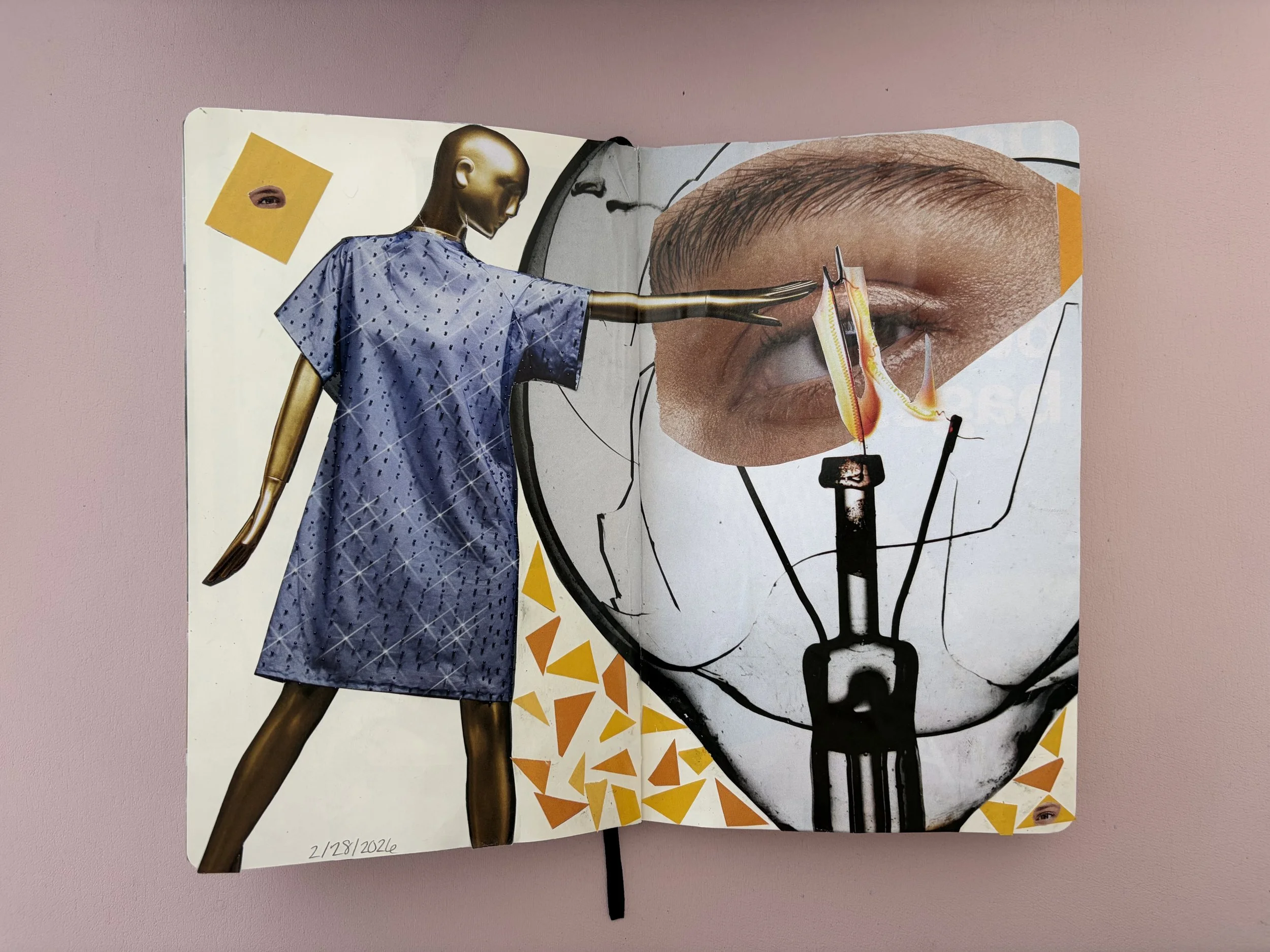 Mixed collage artwork featuring a mannequin with a cut-out eye from a photographic eye close-up. The mannequin's arm extends with a painted hand reaching towards the eye, and a surgical scalpel or tool is positioned near the eye, revealing an abstrac
