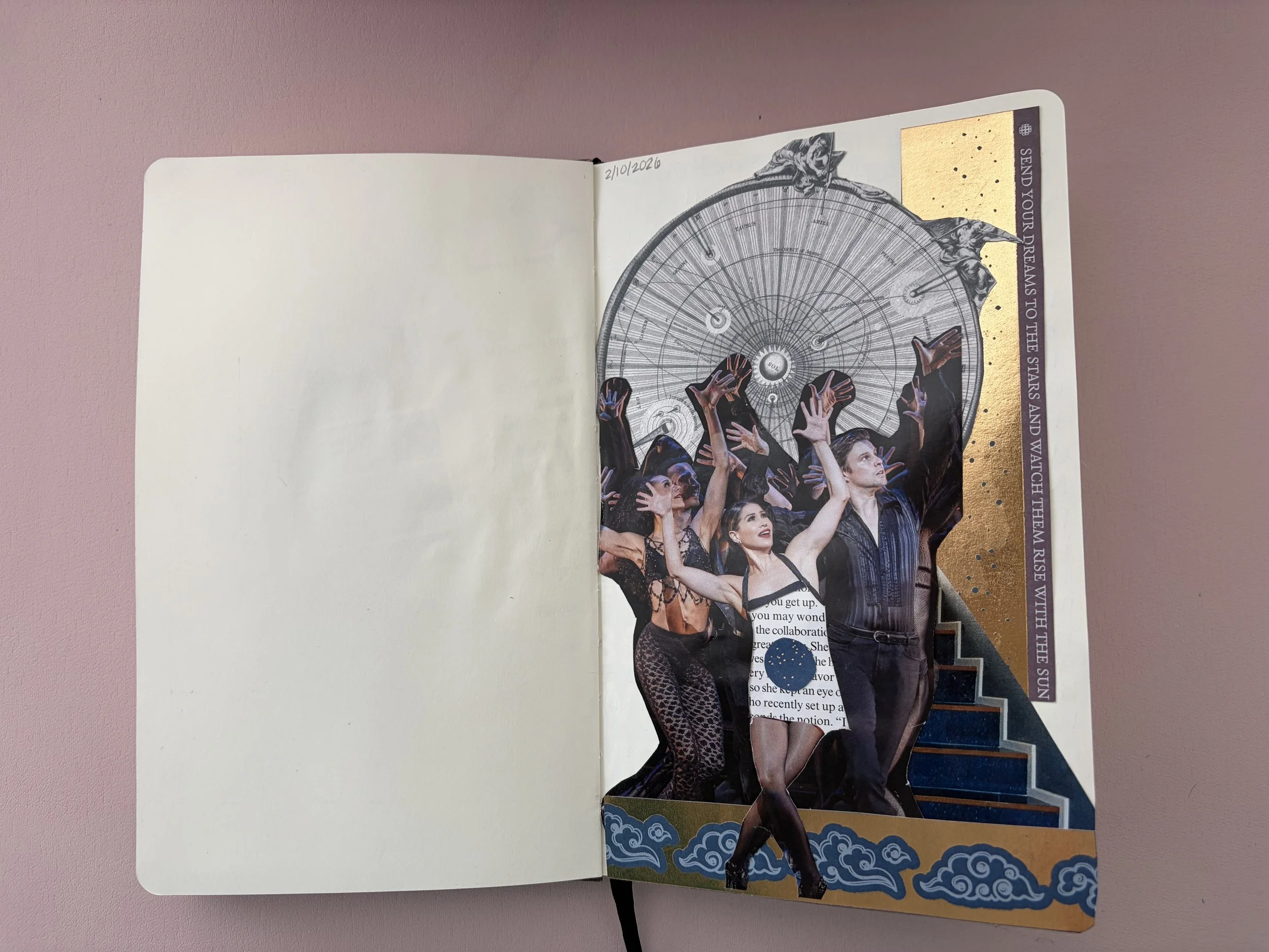 A collage on a page of a journal or scrapbook showing a group of people dancing, with a decorative background that includes a wheel and celestial motifs. The page features gold and blue accents, and there is a quote on the right side that reads, 'Sen
