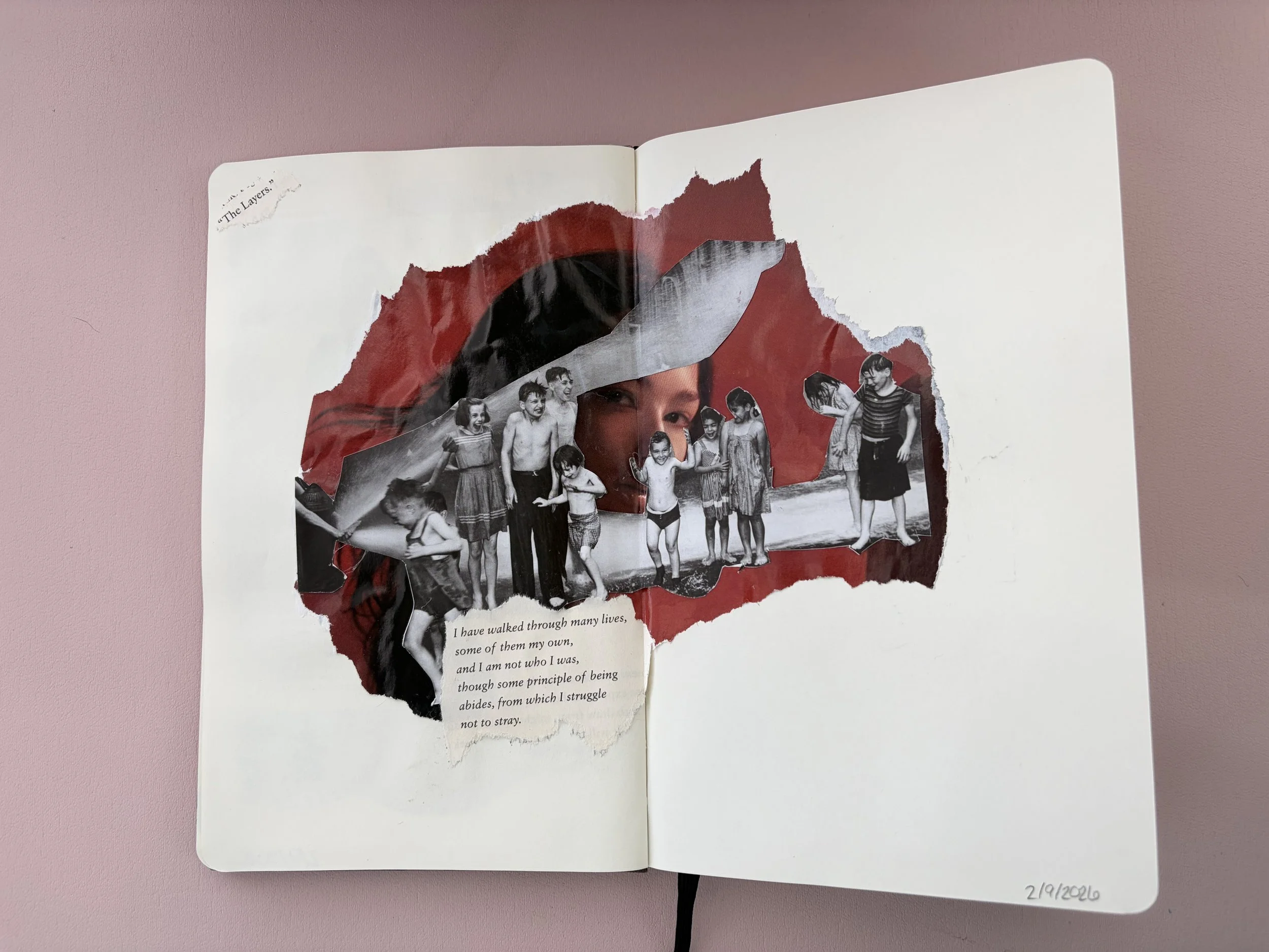 An open notebook with a collage of torn paper and photographs. The collage features a black-and-white photo of children playing on the beach, layered over a red background and a child's face. There is a small handwritten note with a quote, and the da