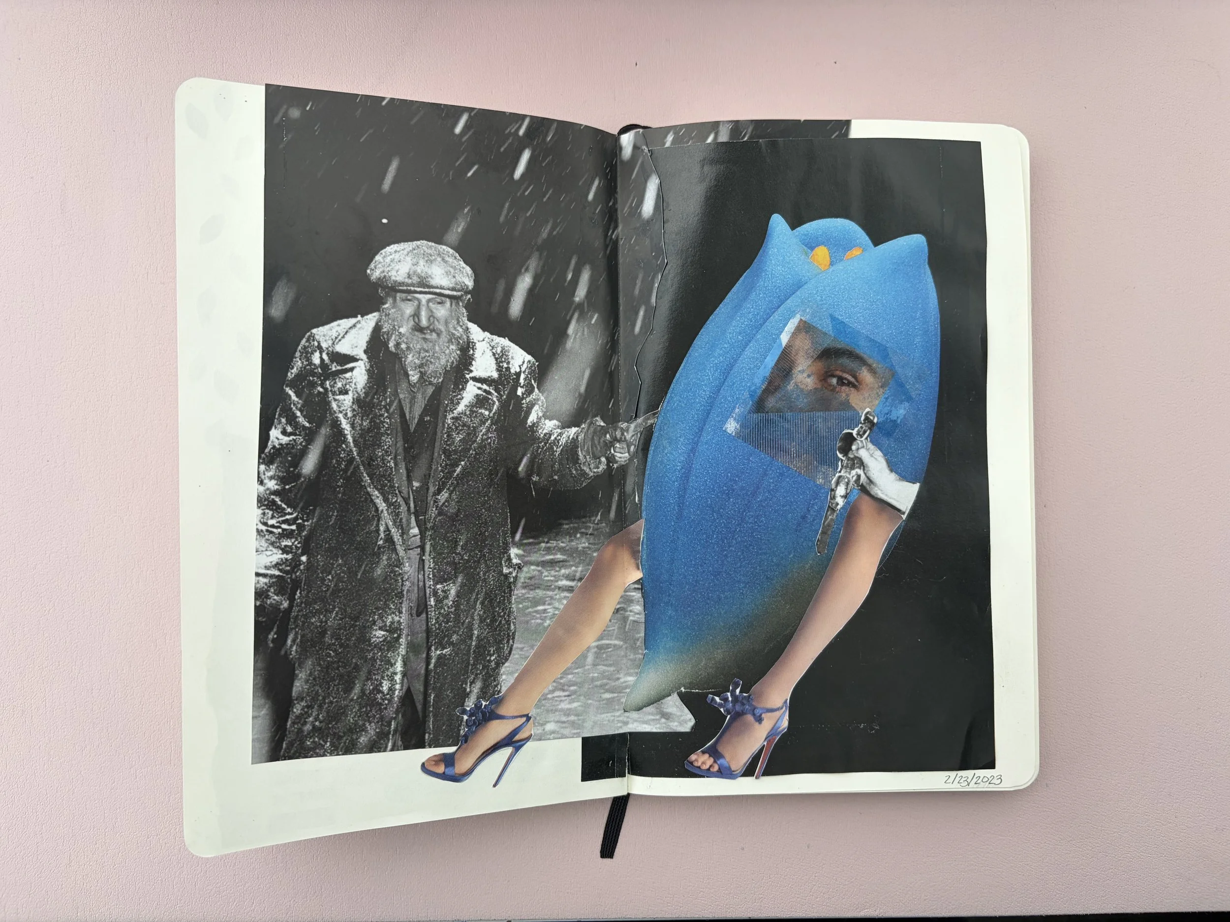 A collage of two images. The left side features a black and white photo of an older man in a raincoat and beret, standing in the rain with snow or hail falling. The right side has a colorful collage of a woman’s face partially visible through a cut-o