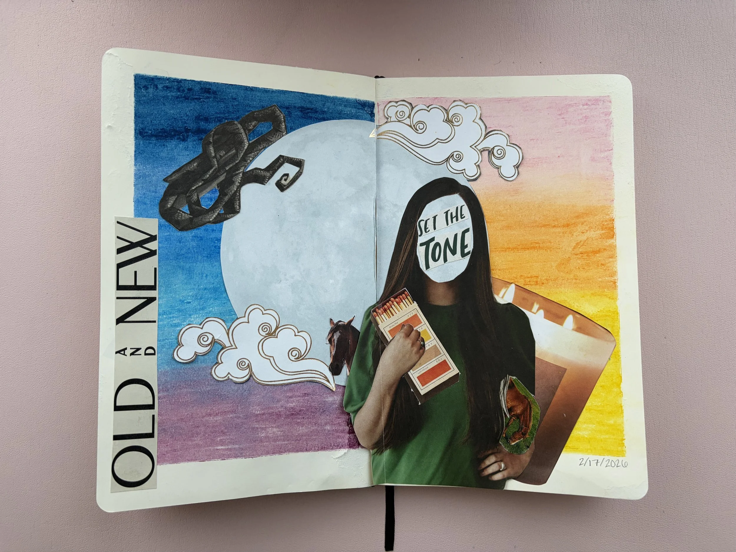 Mixed media collage featuring a background with a sunset on the right and a moon on the left, a woman holding paint swatches with a face obscured by text reading 'SET THE TONE,' clouds, a horse, and a large candle, with a vertical label on the left s