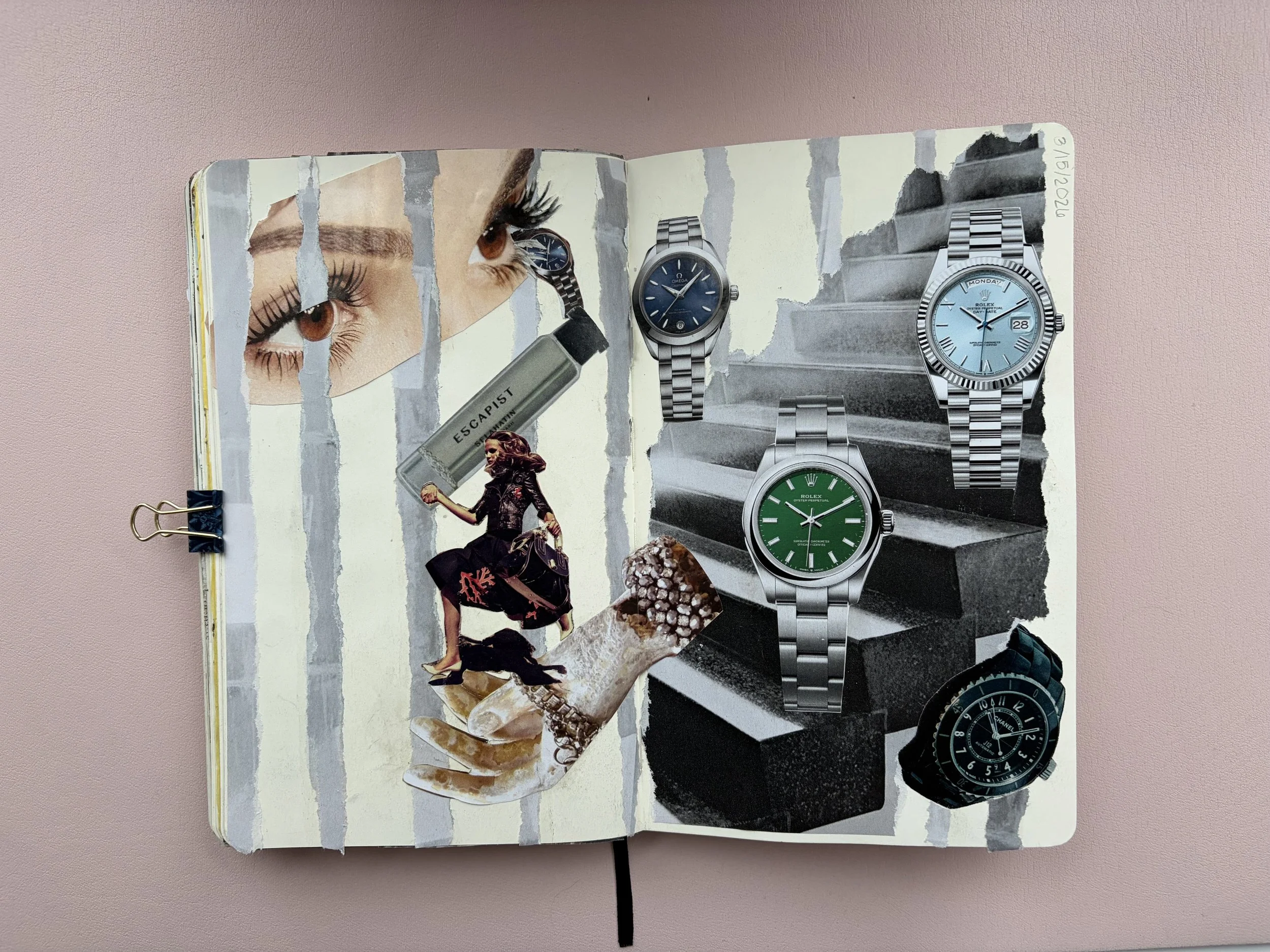 A collage in a scrapbook with torn paper effects. It features a close-up of a person's eyes, a large bottle labeled 'ESCAPIST', a woman in black clothing and a hat walking, a hand holding a honeycomb, and several wristwatches including Omega and Role