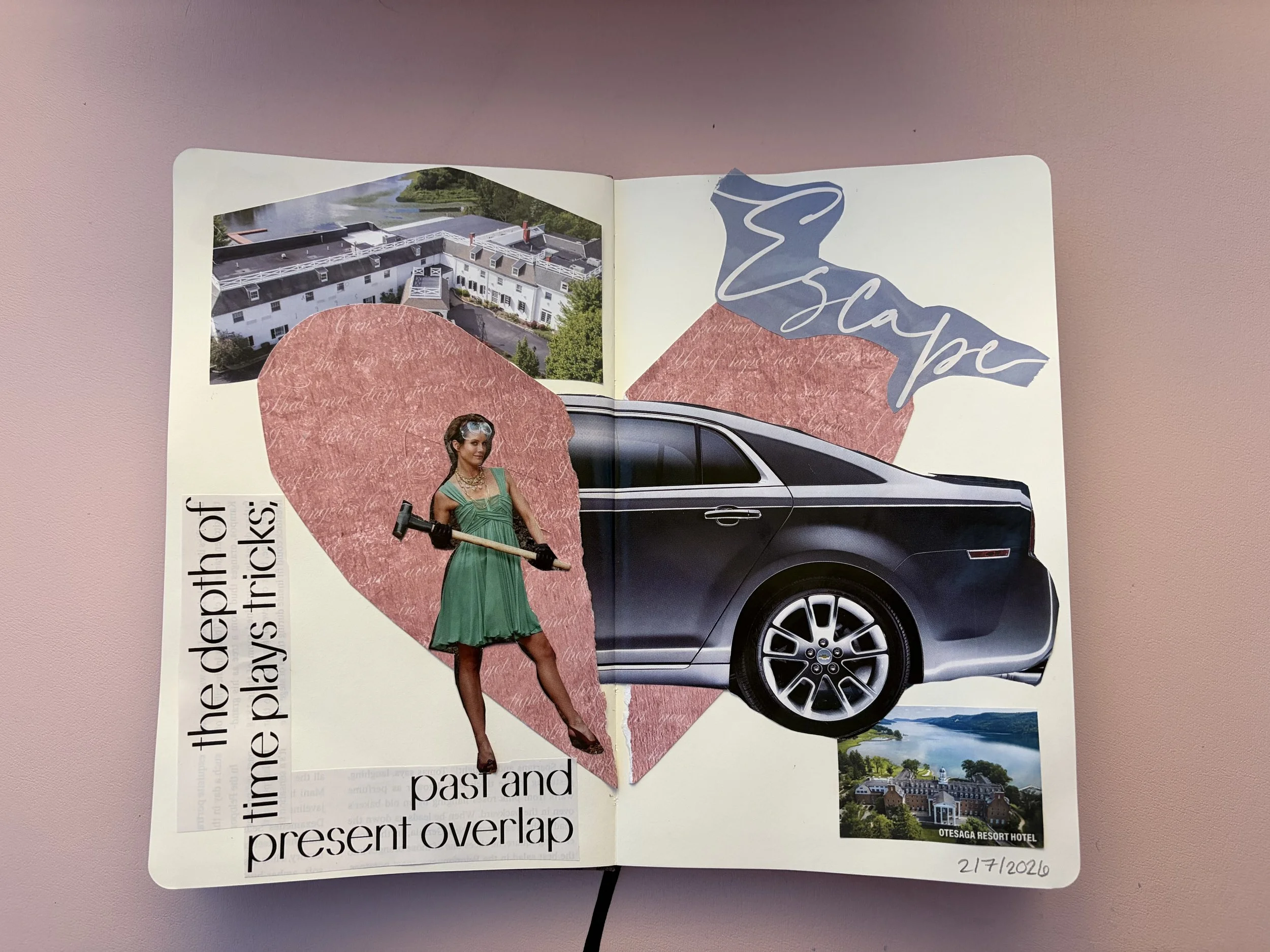 A collage with a black car, a woman holding a hammer in a green dress, a large pink heart, a gray and pink abstract shape with the word "Escape," a photo of a resort or hotel, and a background of a building with water surrounding it. Text reads "the 