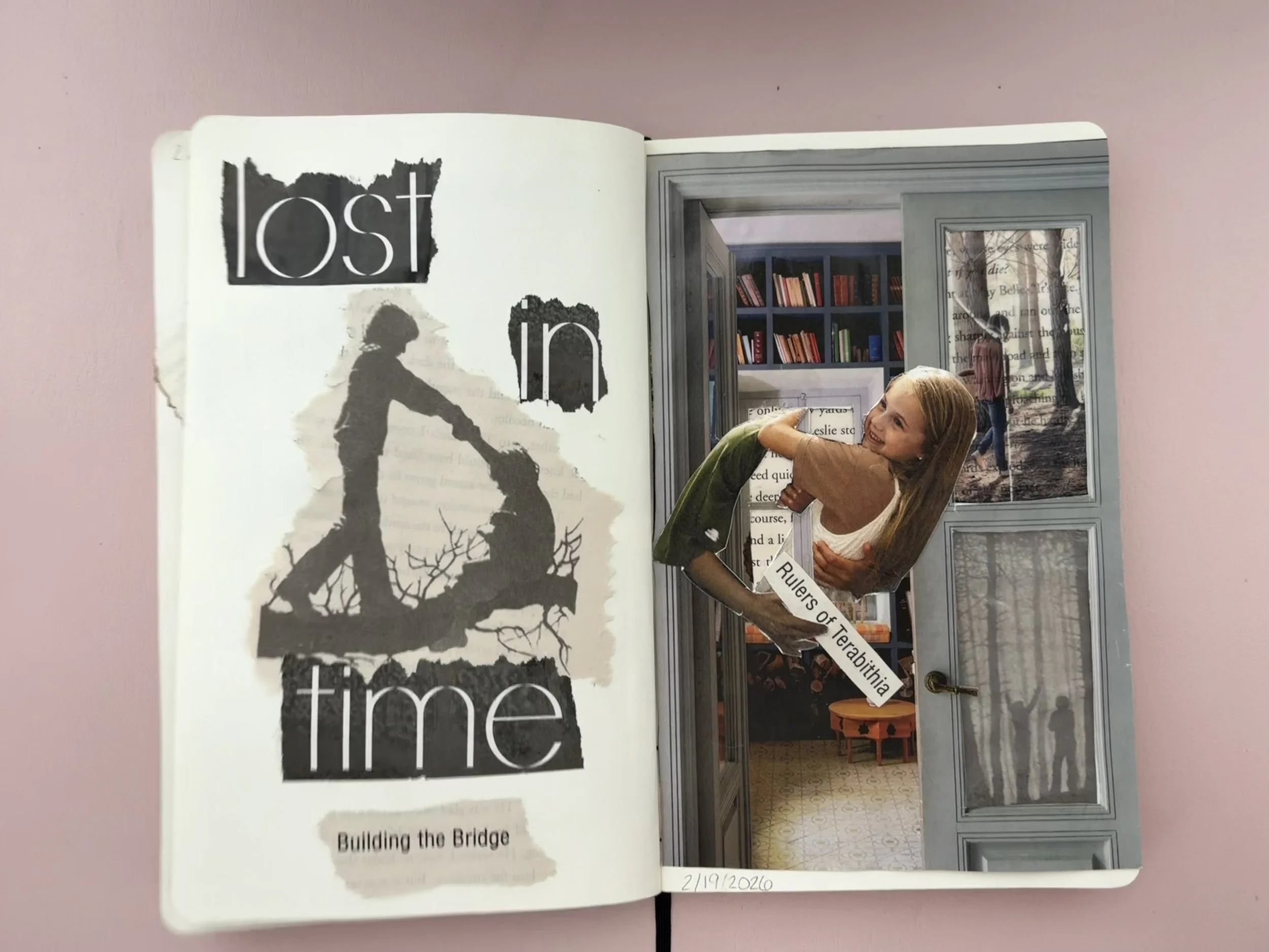 A collage art piece titled "Lost in Time: Building the Bridge" featuring a woman's face with arms extended, holding a small sign that says "Rulers of Terrabithia," positioned in a doorway with shelves of books visible in the background. The left side