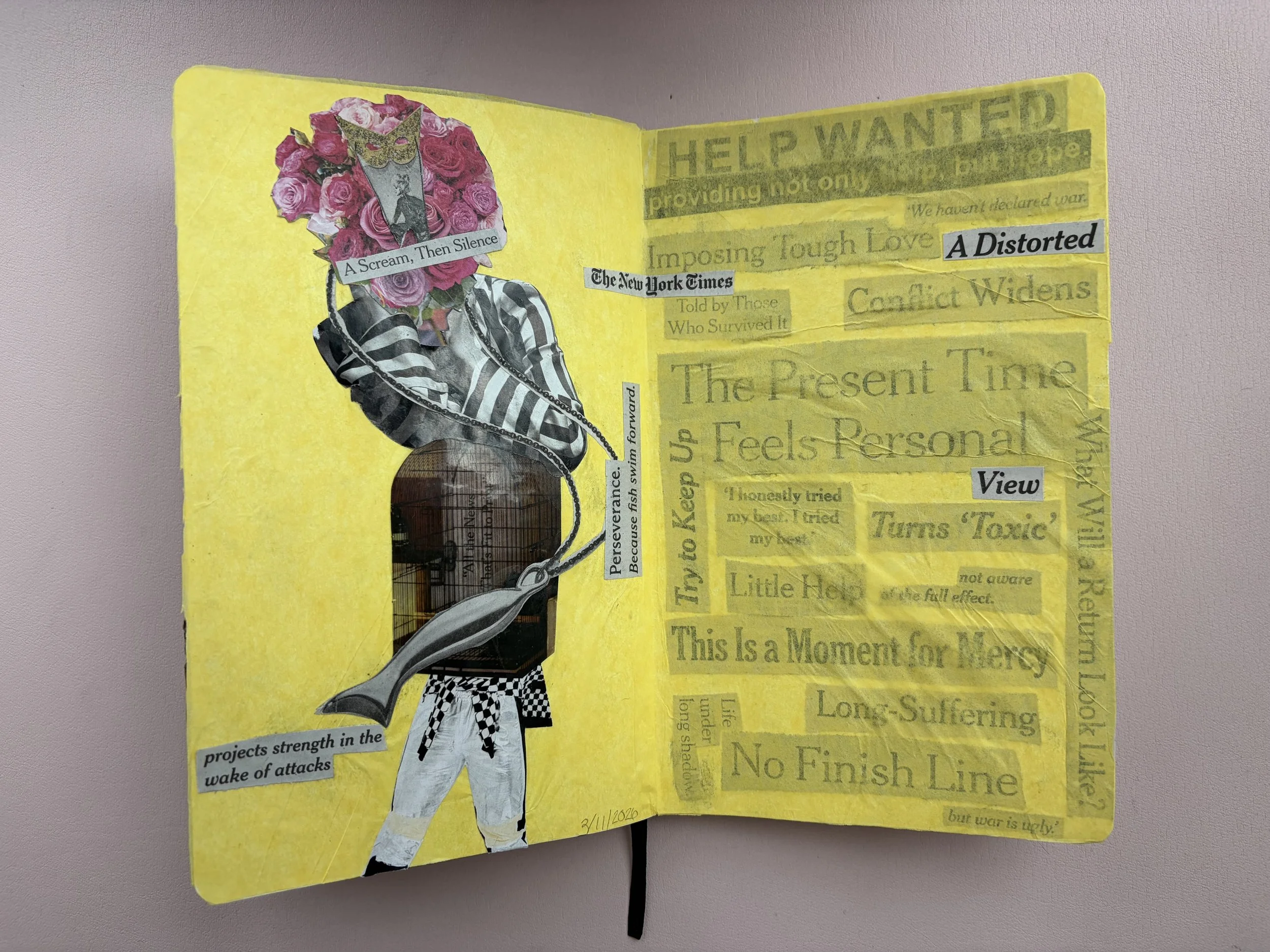 Mixed media collage with a yellow background, featuring a figure with a newspaper collage face topped with pink roses and a butterfly, a striped jacket, and pants with a checkered belt. There are cut-out text snippets and quotes on the pages, includi