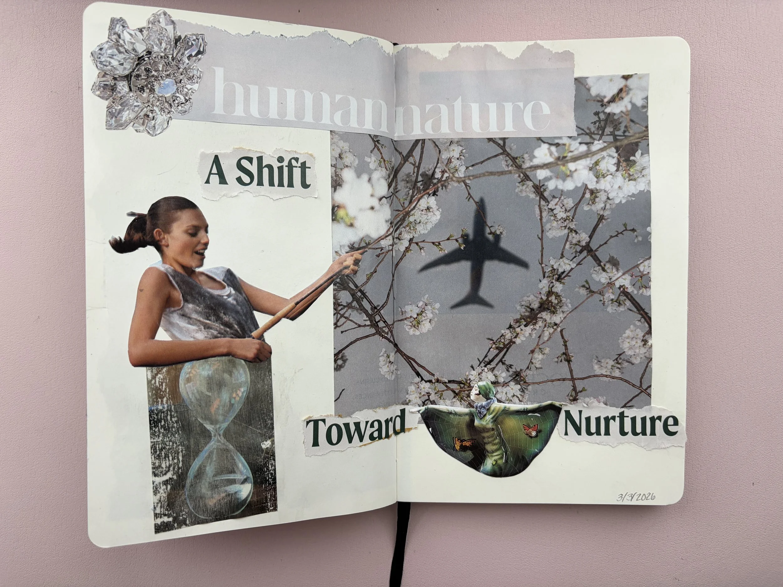 A collage featuring a woman with a bun hairdo holding chopsticks, a large transparent hourglass, a cherry blossom tree with a shadow of an airplane, and a green butterfly-shaped figure with small butterflies on its wings. There are words overlaid: 'h
