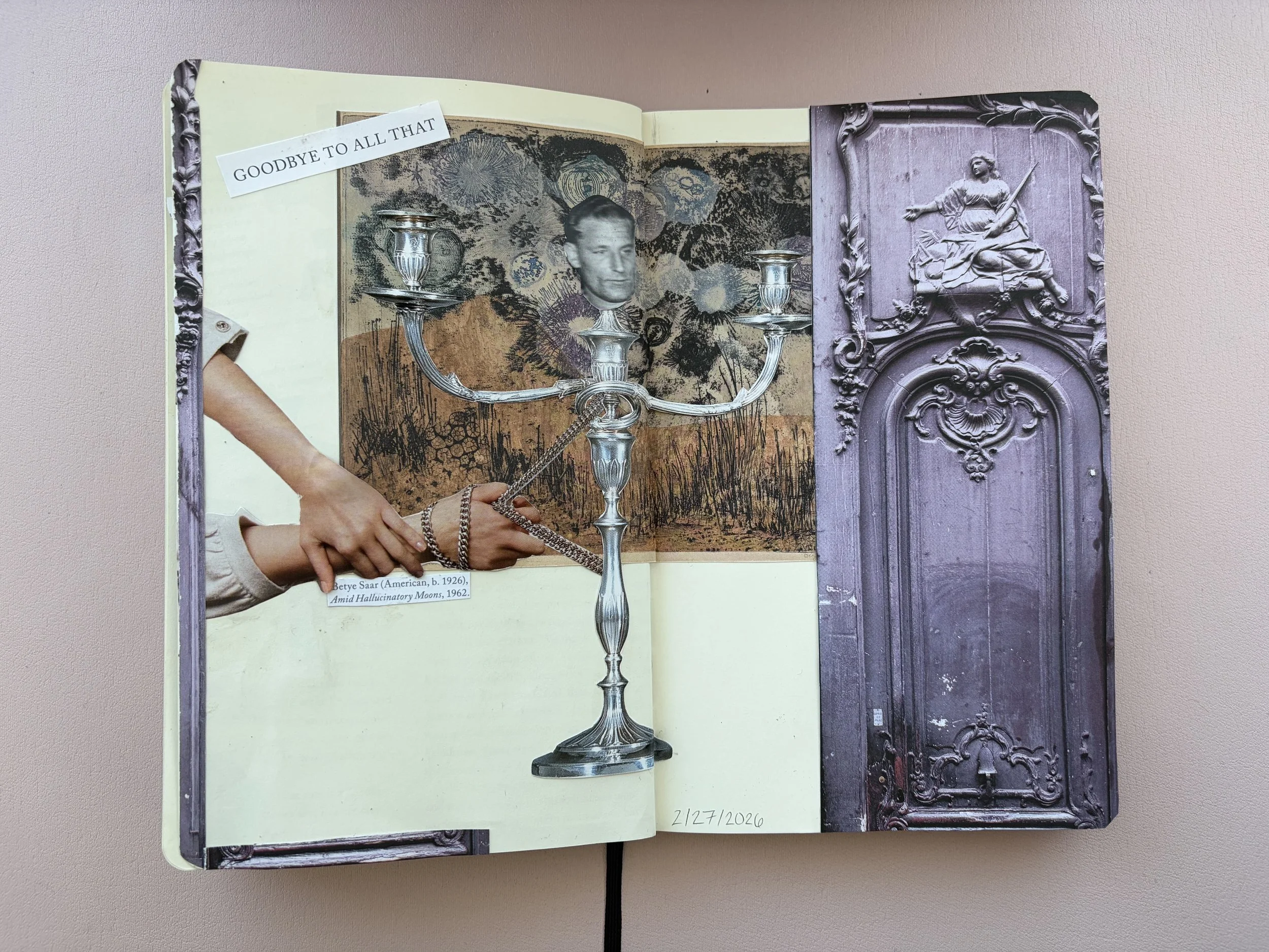 A scrapbook page featuring collage art with a silver candelabrum, a black and white photograph of a man, a painting of a landscape, and a vintage carved wooden door. There are also text labels, including 'GOODBYE TO ALL THAT' and 'Betye Saar (America