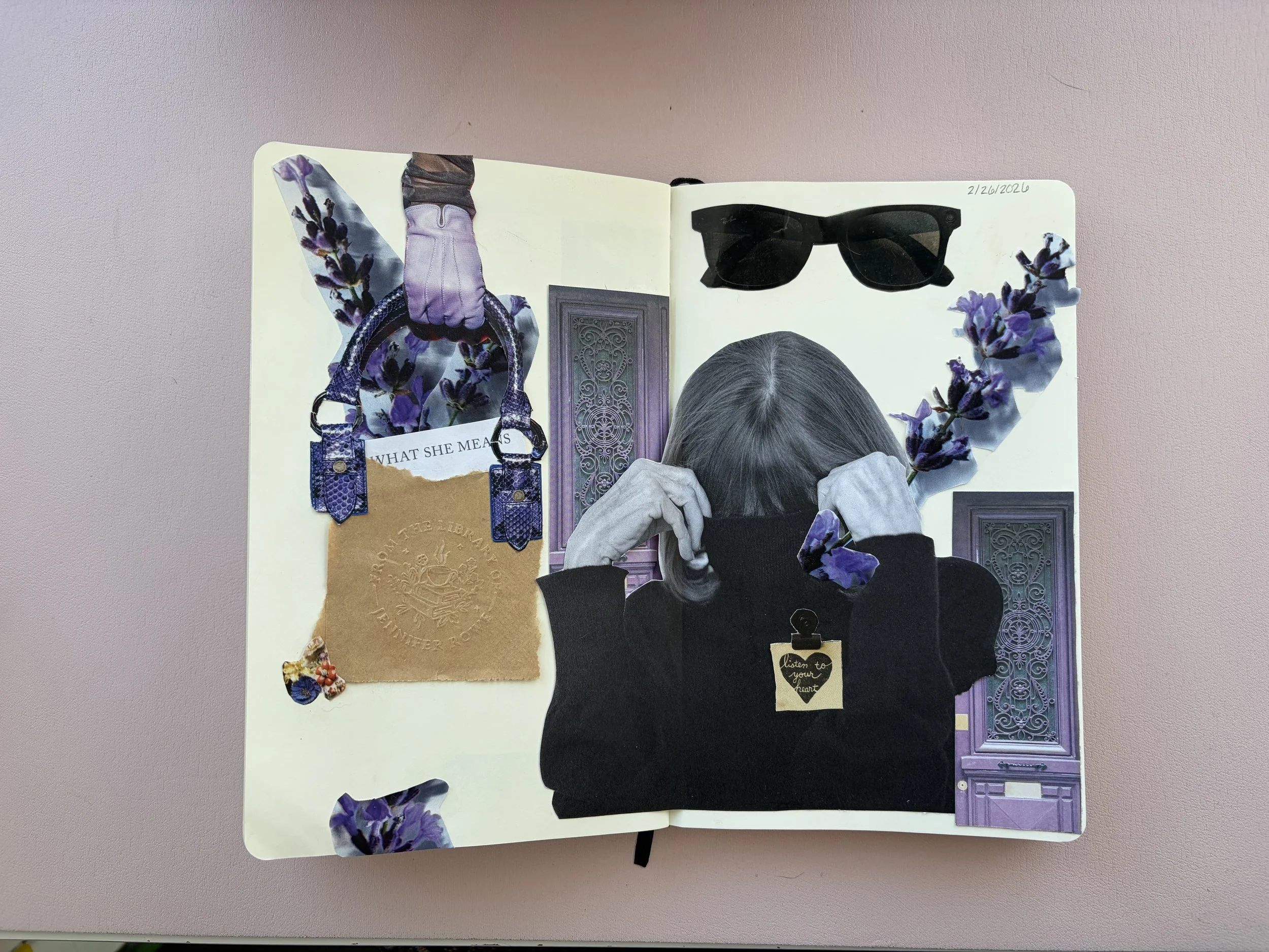 A collage with cutout images and photographs, including black sunglasses, purple flowers, a black and white photo of a person with gray hair pulling their black sweater over their mouth, a torn piece of paper with a quote, a beige embossed circle, an