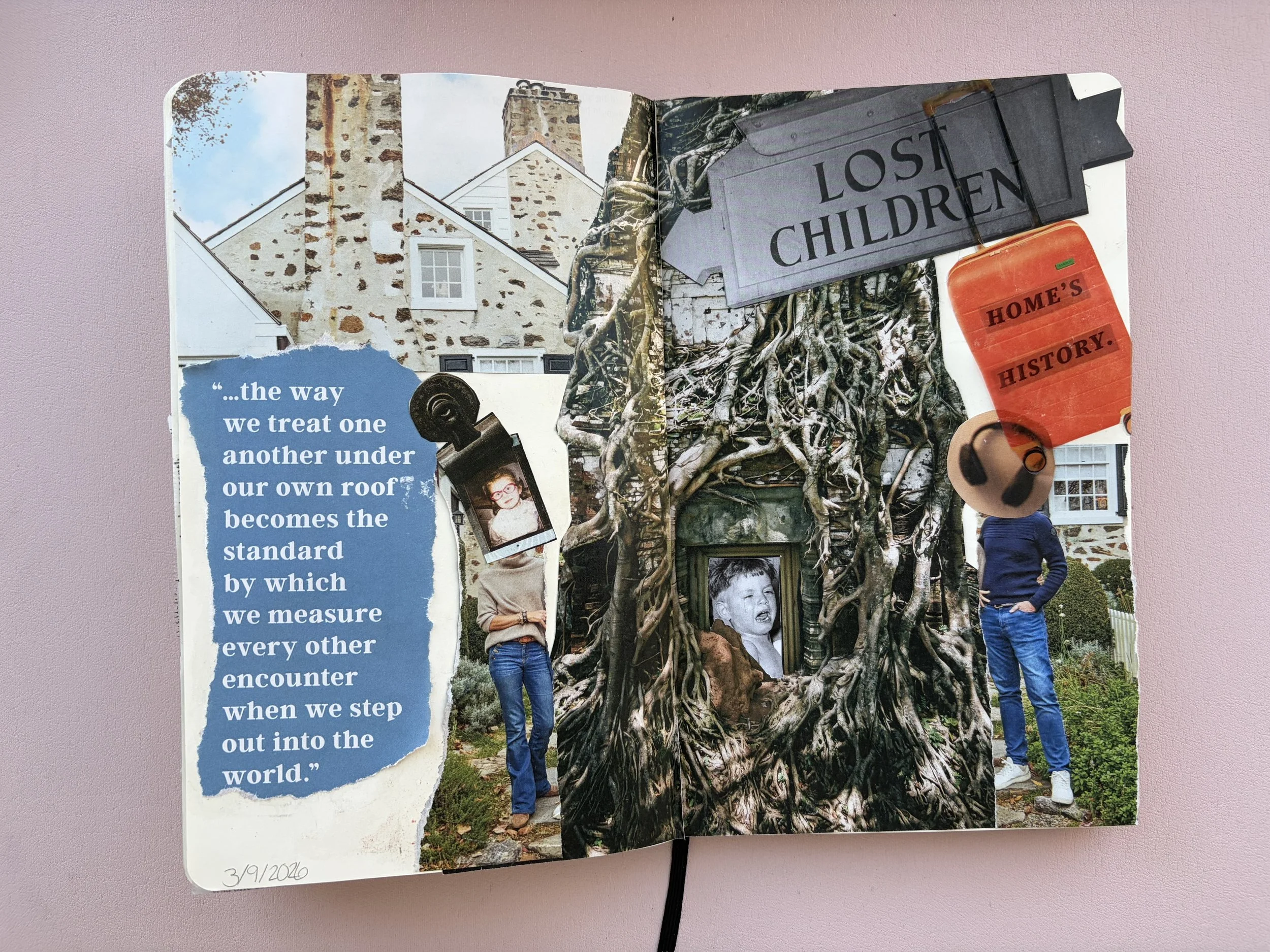 An art journal spread with photos, text, and collage. Left side features a quote about how we treat each other and measure our encounters, with a background of a house with stone walls. Right side has a sign that says 'Lost Children,' a photo of a ch