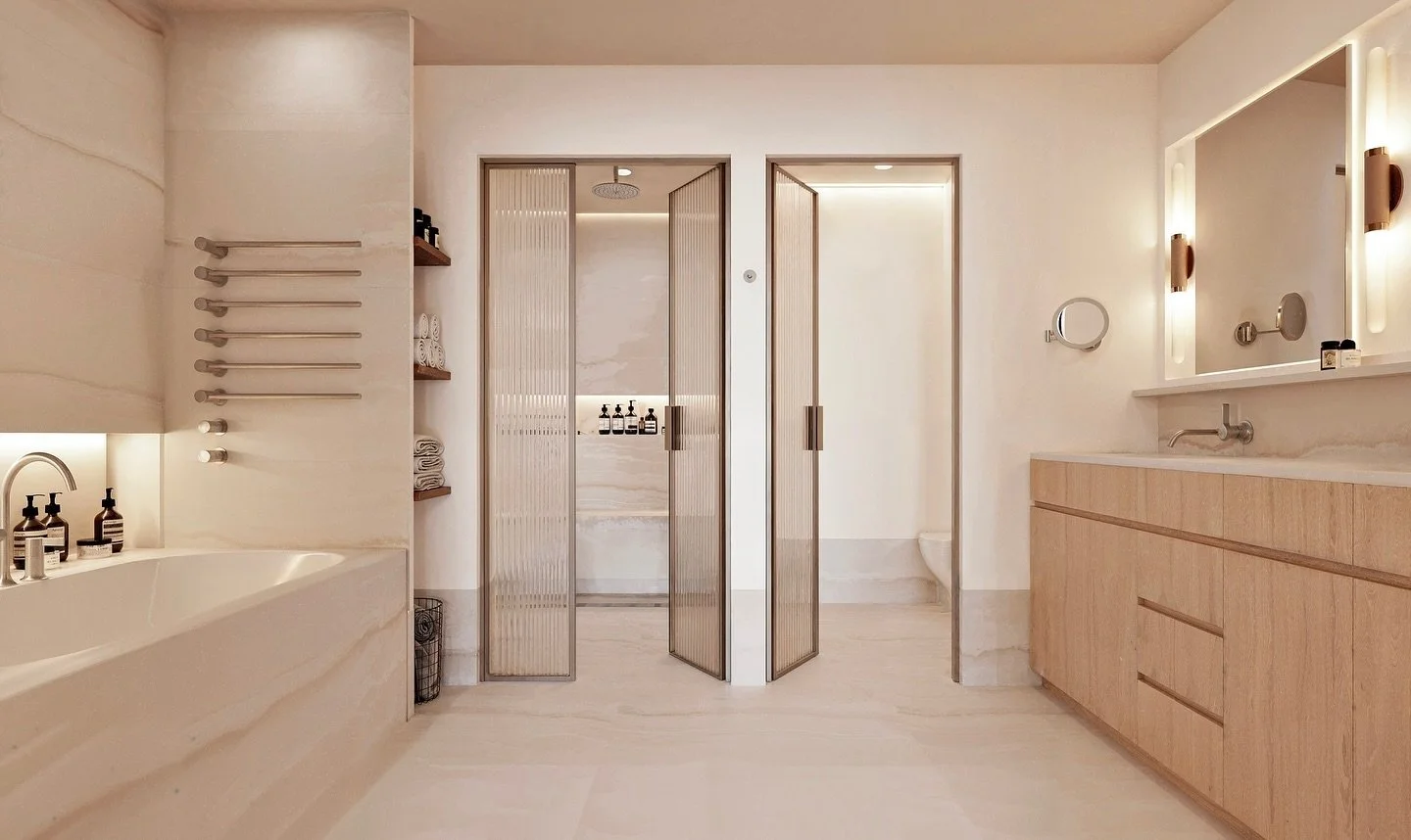 Want to see how marble and neutral tones create a spa-like bathroom experience?

Transform your perception of bathroom design with our 3D renderings for Studio Marmo. Imagine elegant marble surfaces paired with a serene palette of neutral hues, accen