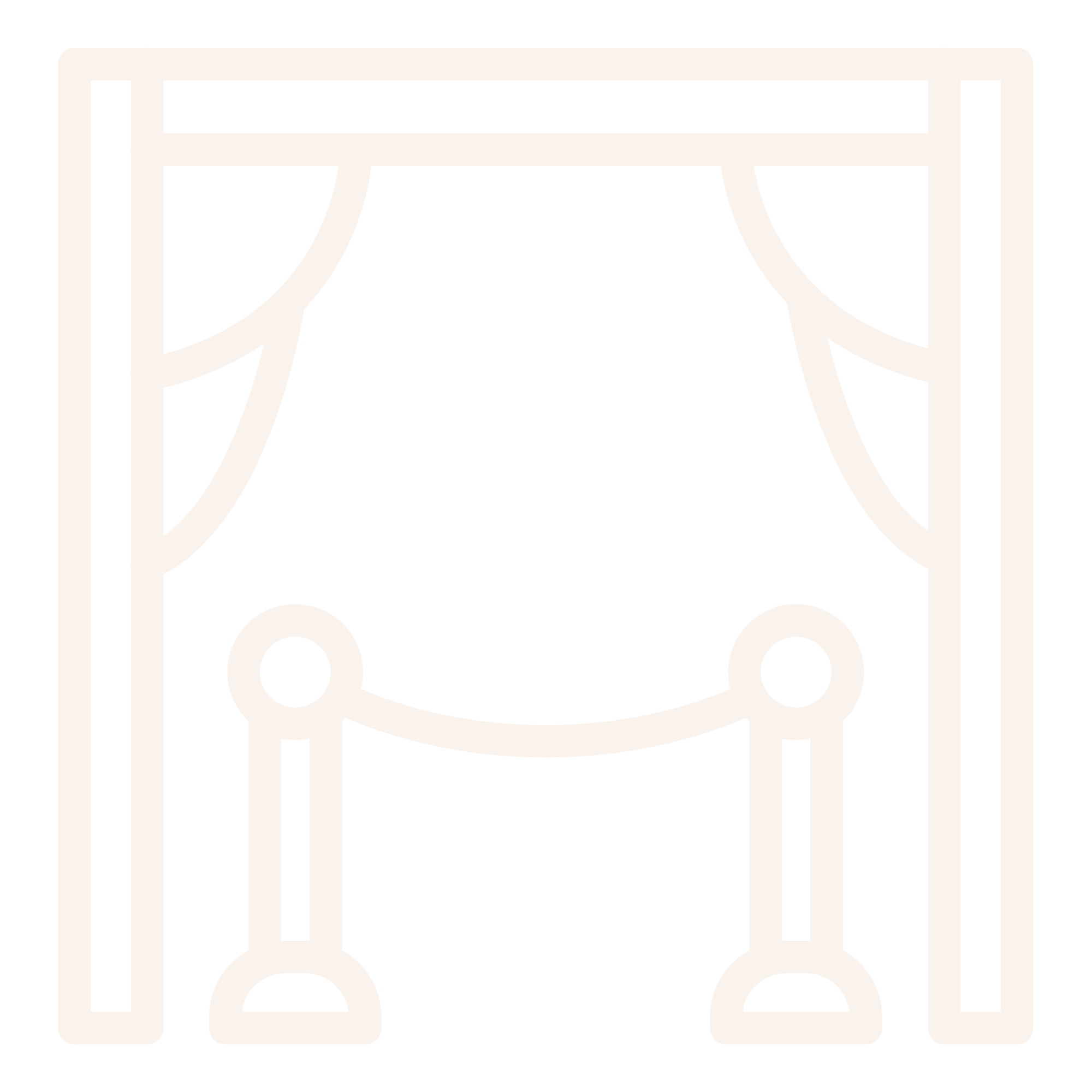 Outline icon of a stage with curtains, ropes, and a raised platform.