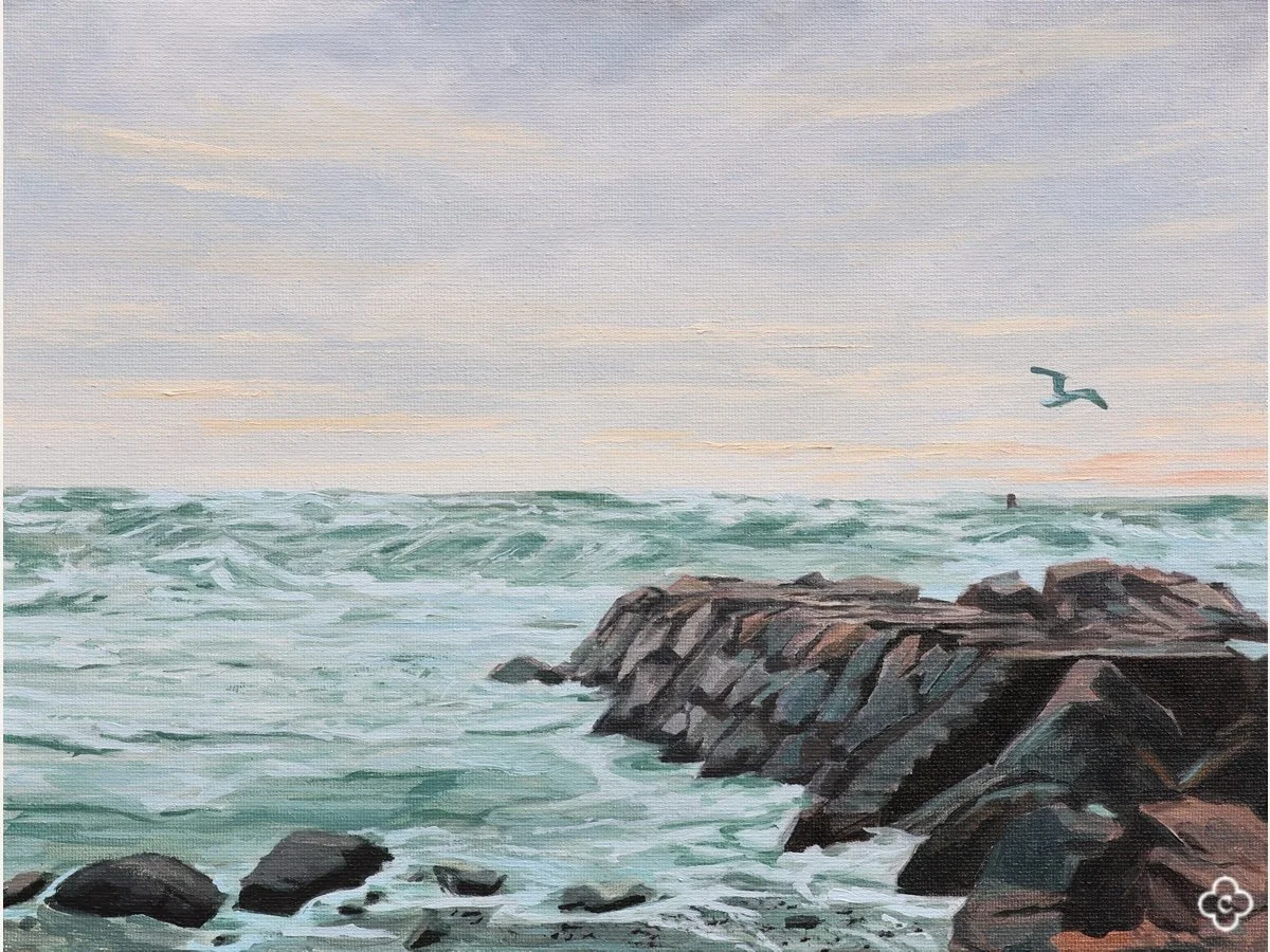 Ocean Drive Seawall, 9"x12", Oil on Board