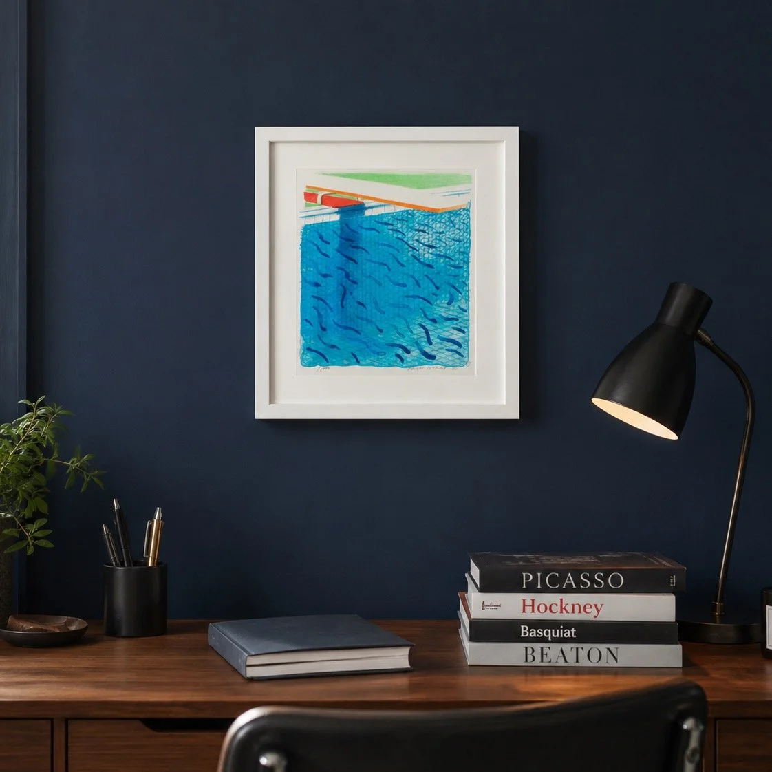 David Hockney's Pool Made with Paper and Blue Ink for Book (1980) is one of the artist's most recognisable and desirable print works, featuring his iconic swimming pool imagery that collectors around the world continue to seek out. 

Complete example
