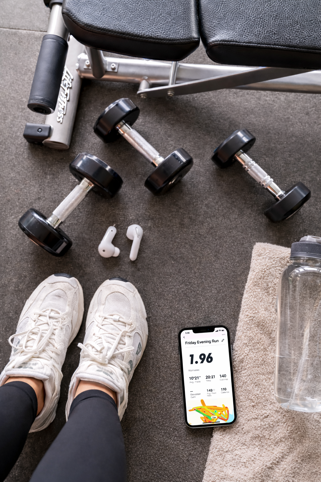 A gym scene showing a pair of white athletic shoes, black leggings, two white dumbbells, wireless earbuds, a water bottle, a gym towel, and a smartphone displaying workout statistics on the floor near gym equipment.