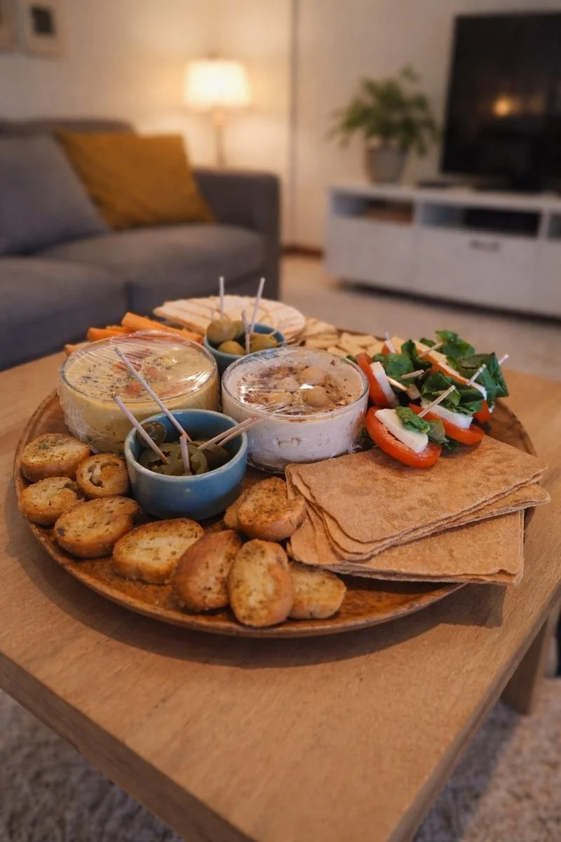 A wooden plate featuring various appetizers including stuffed olives, cheese, tomato and pepper salad, crackers, and garlic bread arranged on a coffee table in a cozy living room.