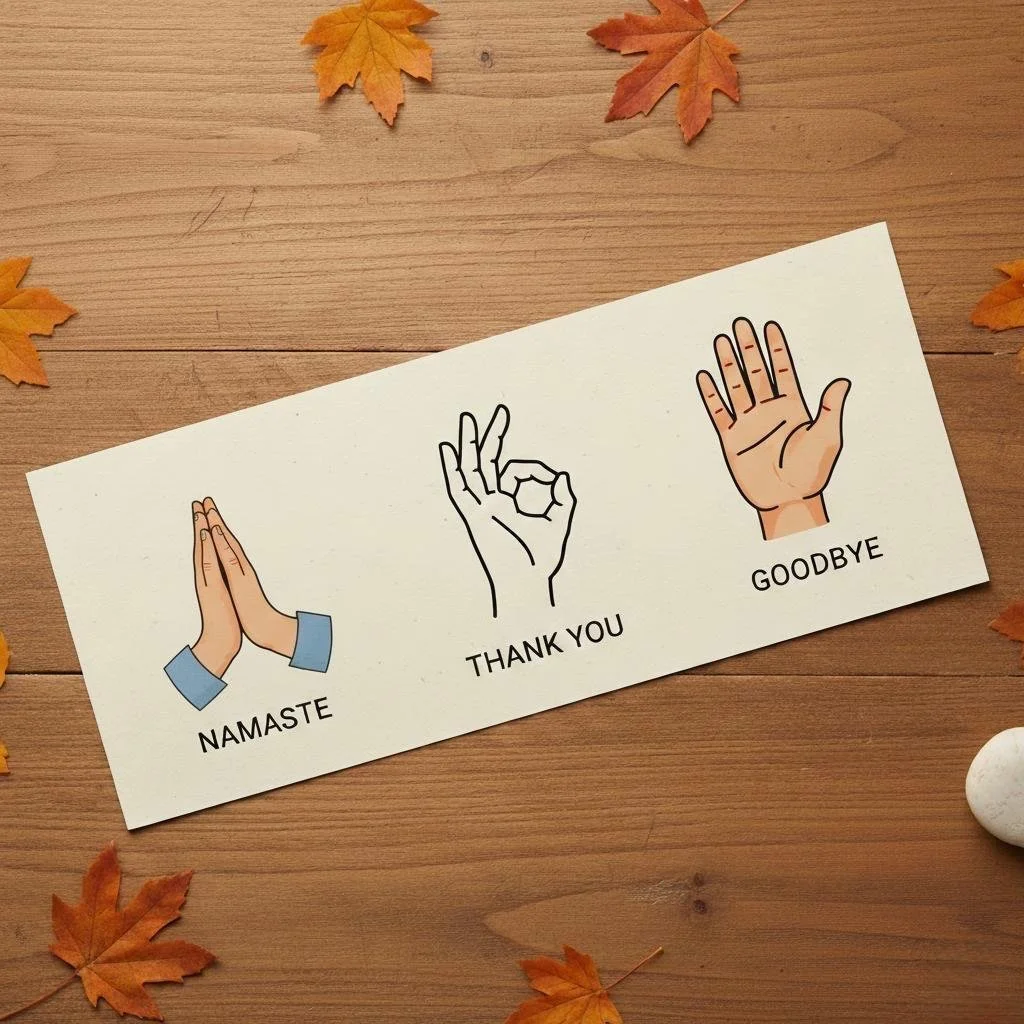 A paper with three hand gesture illustrations labeled 'Namaste,' 'Thank You,' and 'Goodbye,' on a wooden surface surrounded by orange maple leaves.