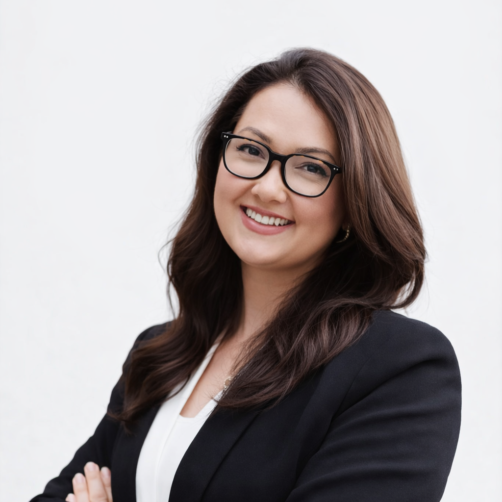 A woman with long brown hair, wearing glasses and a black blazer, smiling with arms crossed against a plain white background.