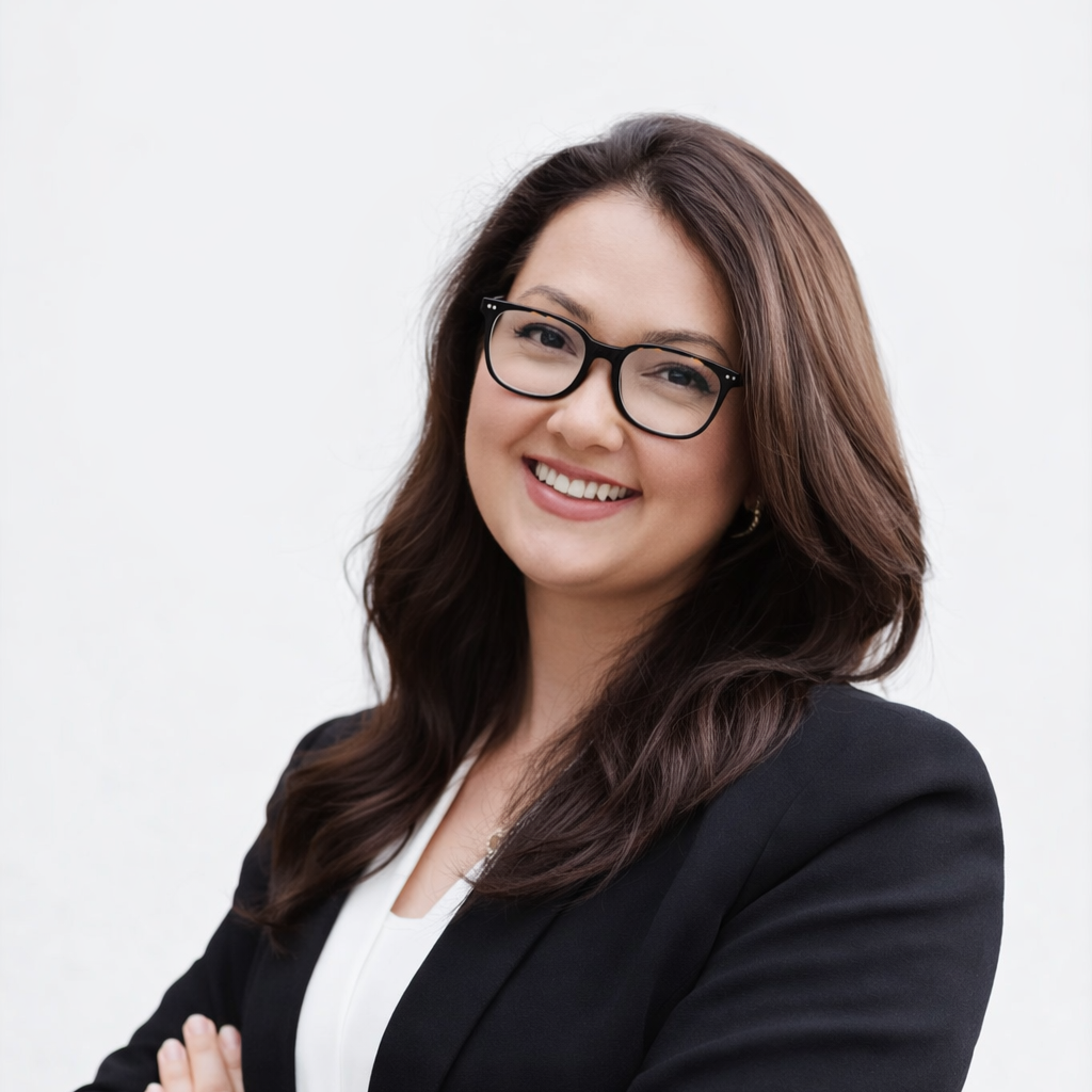 A woman with long brown hair, wearing glasses and a black blazer, smiling with arms crossed against a plain white background.