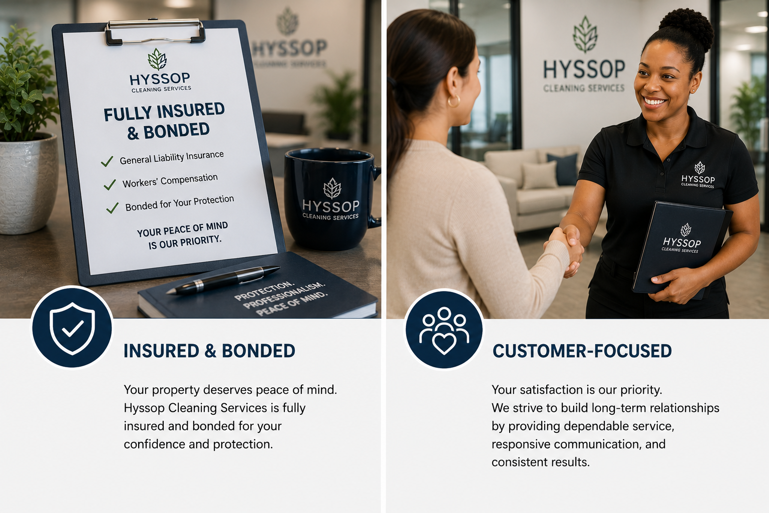 A business flyer for Hyssop Cleaning Services showing details about insurance coverage, and a woman receiving a handshake from a smiling employee holding a folder with the company's logo. The flyer emphasizes being fully insured and bonded, and customer satisfaction.
