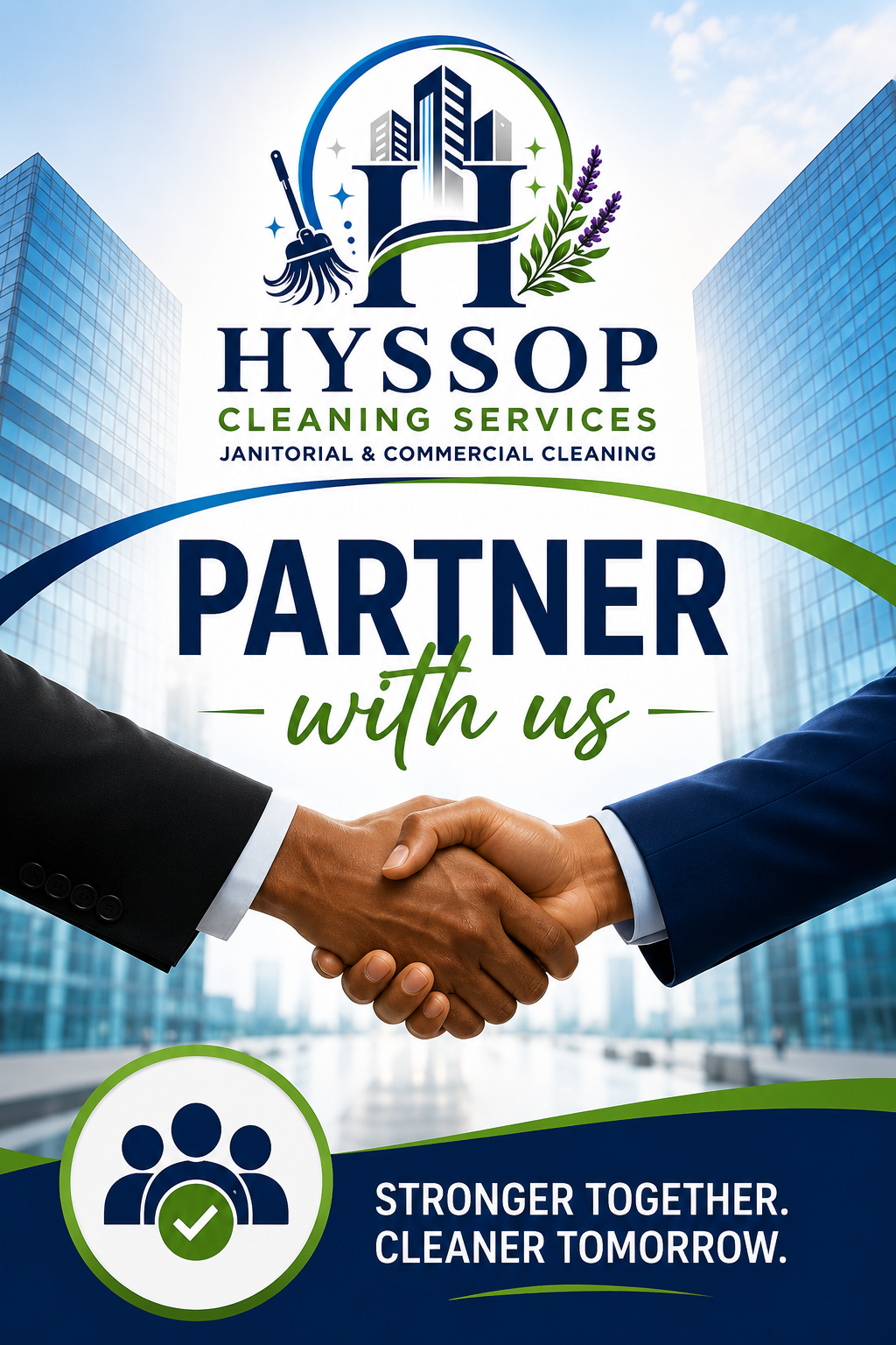 Logo with a building and a broom, text reads 'HYSSOP CLEANING'.