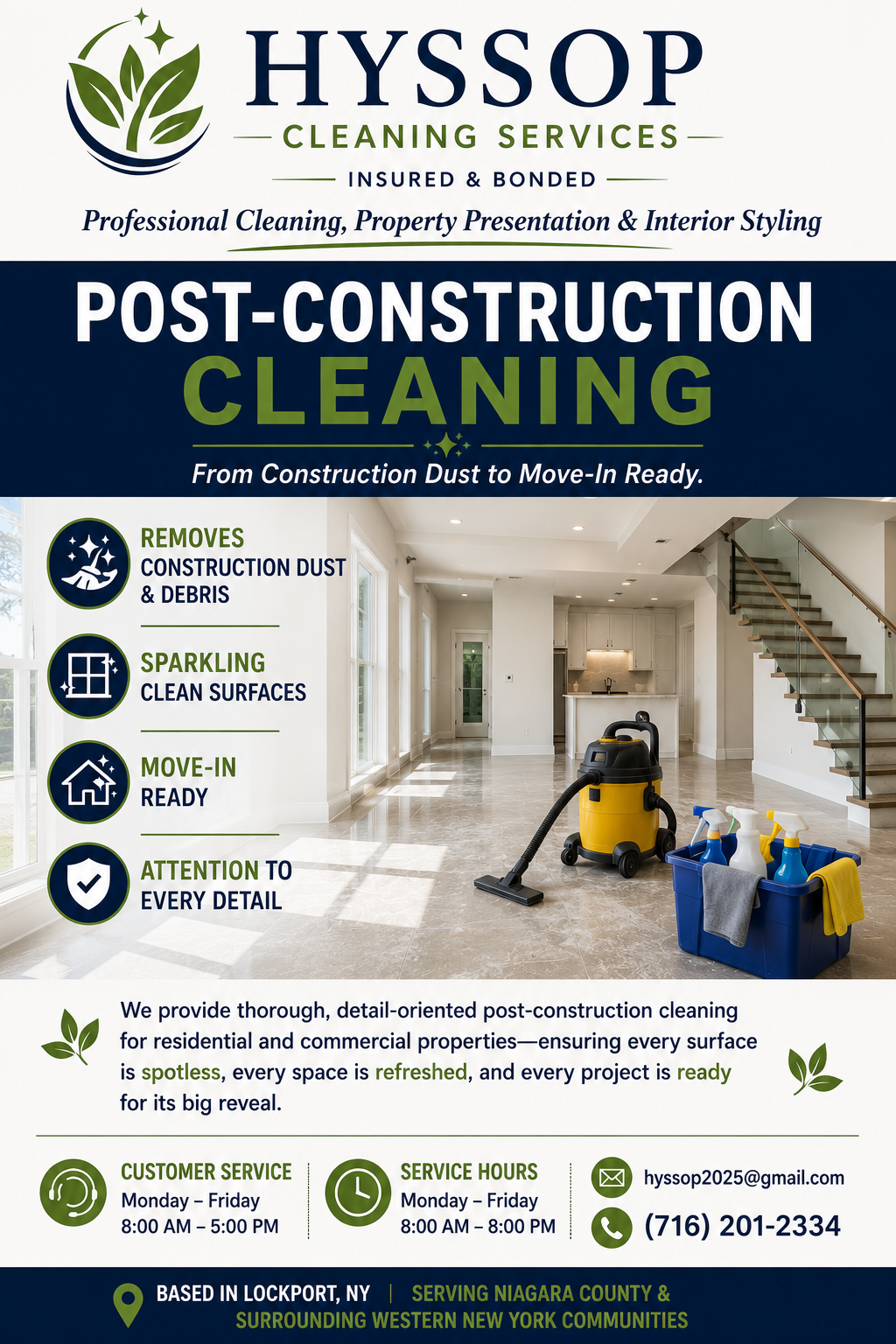 Flyer for Hyssop Cleaning Services featuring an image of a cleaned, modern interior home with a vacuum and cleaning supplies. Services include dust removal, surface cleaning, move-in readiness, and attention to detail.
