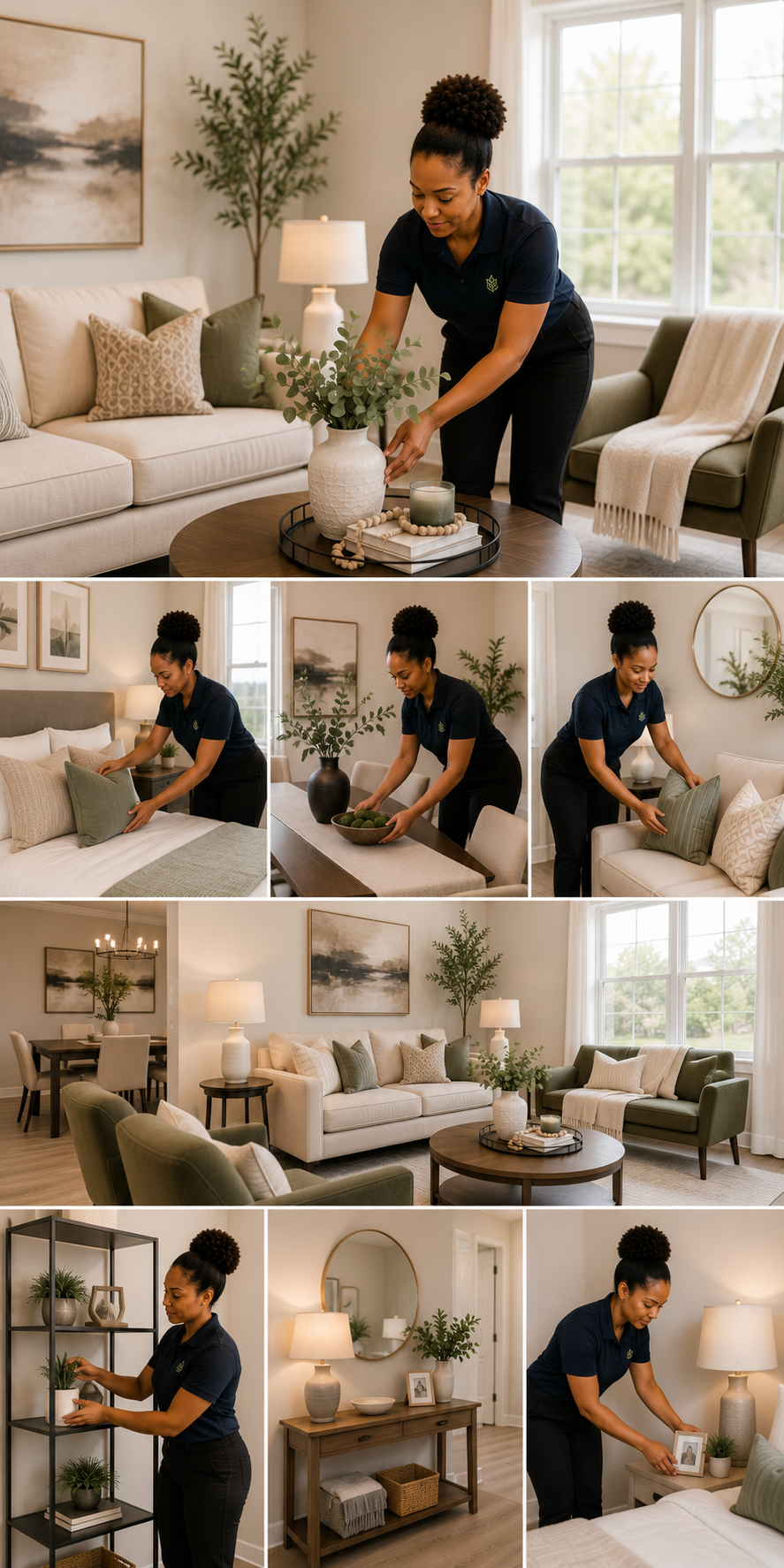 Series of images showing a woman decorating and arranging pillows, plants, and decor in a cozy living room and entryway of a home.