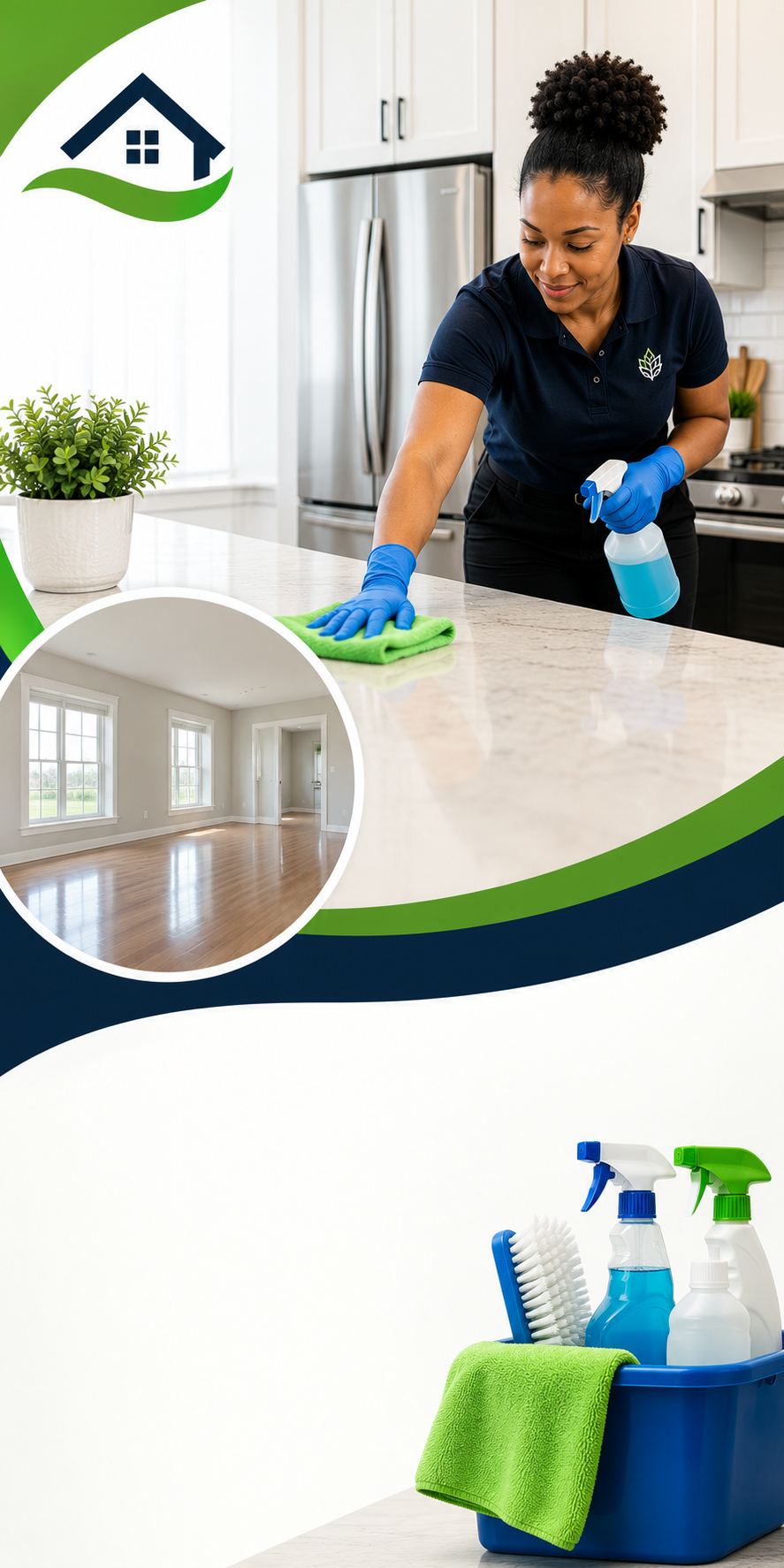 A woman wearing a navy polo shirt and blue gloves cleaning a kitchen counter with a spray bottle and cloth, with a potted plant nearby. An inset shows an empty room with large windows and hardwood floors. Cleaning supplies, including spray bottles, brushes, and a towel, are in a blue container in the foreground.