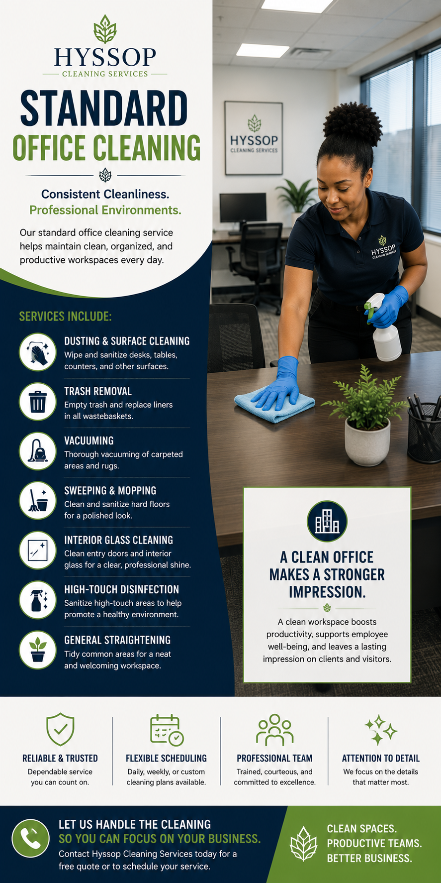 A promotional poster for Hyssop Cleaning Services highlighting their standard office cleaning services, including dusting, trash removal, vacuuming, sweeping, glass cleaning, disinfection, and general straightening. The poster features a smiling woman in a navy shirt with the company logo, wearing gloves, wiping a desk in an office. The poster emphasizes the importance of a clean workspace for productivity and professionalism.