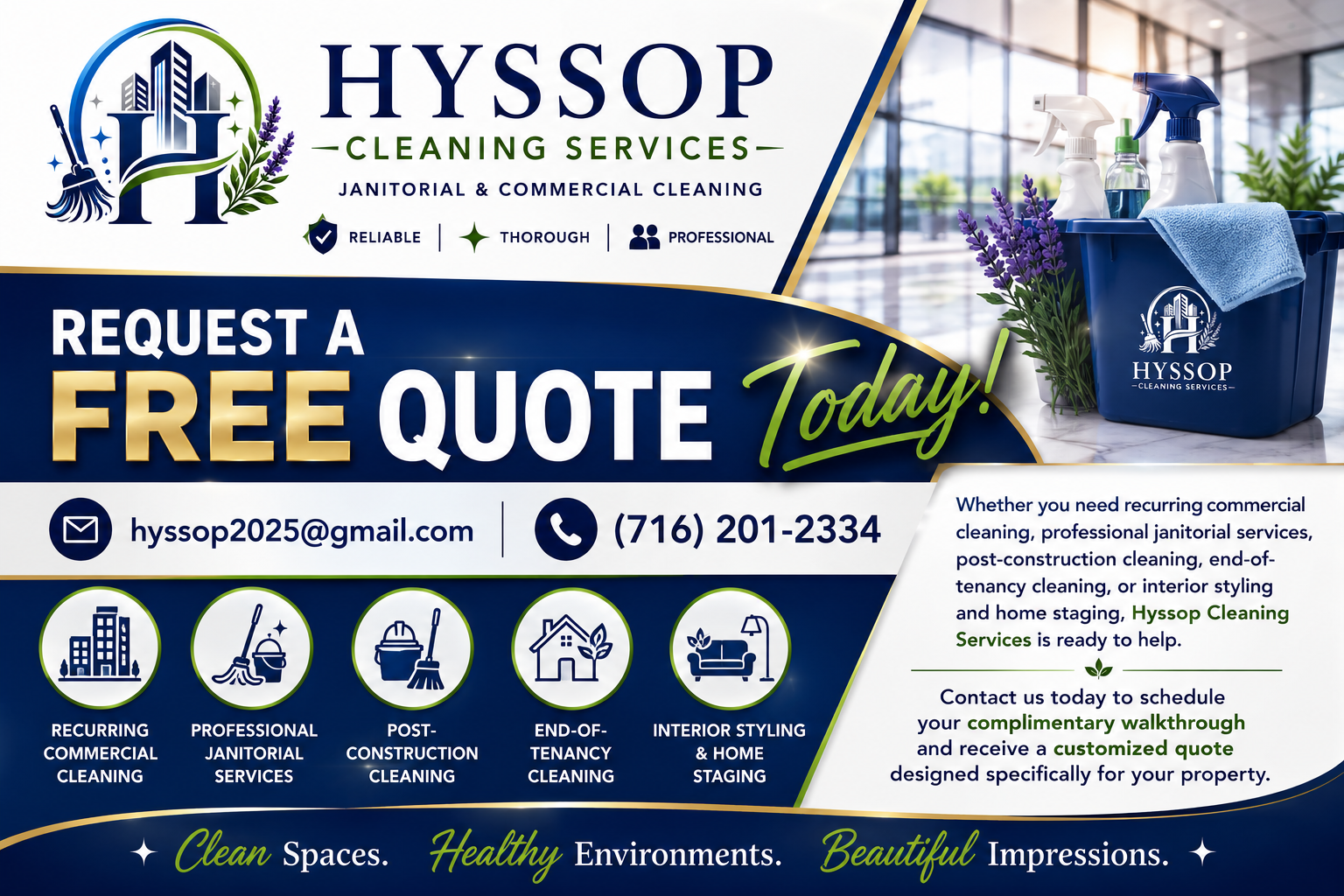 Business advertisement for Hyssop Cleaning Services offering free quotes with contact information, showcasing cleaning icons and a product basket with cleaning supplies and lavender.