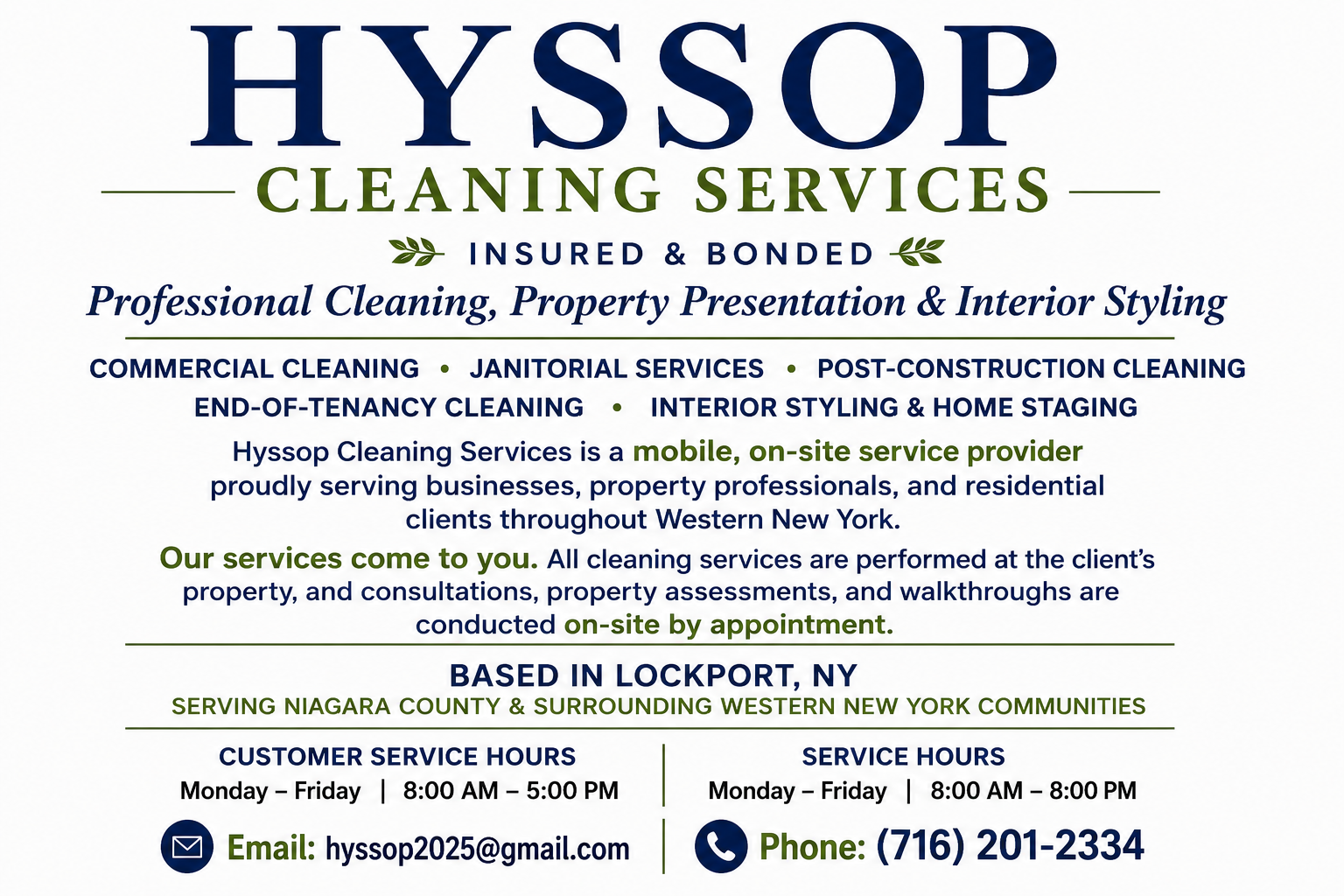 Business advertisement for Hyssop Cleaning Services, offering commercial, janitorial, post-construction, end-of-tenancy cleaning, interior styling, and home staging services in Lockport, NY, serving Western New York, with contact details including email and phone.