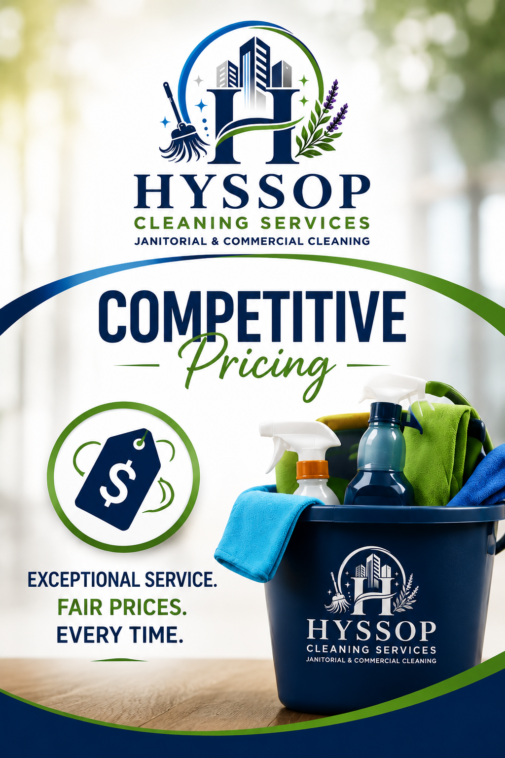 Logo for Hyssop Cleaning featuring a building, a broom, and the text 'HYSSOP CLEANING' on a dark background.